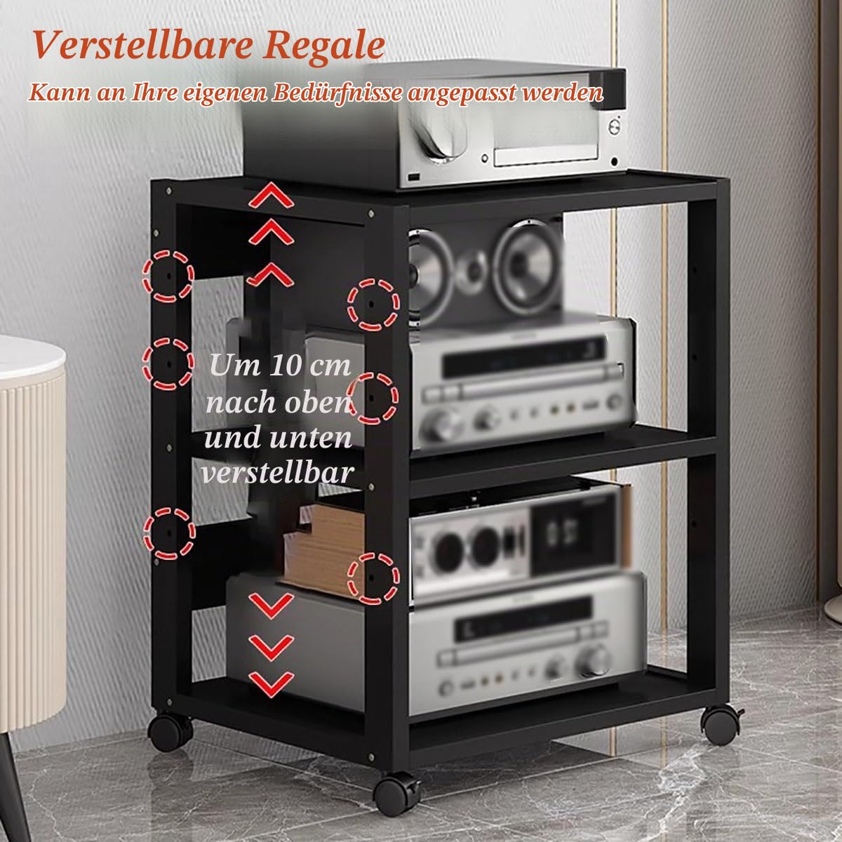 audio rack hifi regal Stereo-Audio-Medienschrank mit 5/6/7 Ebenen for Wohnzimmer, Büro, Heimkino, beweglicher Video-Rack-Turm, DVD-Plattenspielerständer, Lautsprecherverstärker, Spielkonsolen, Platten