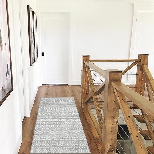 Miniatura 8 de Lahome Alfombra de pasillo gris de granja, ultrafina, lavable, de 2 x 5 pies, con respaldo de goma, antideslizante, con estampado tribal de pelo