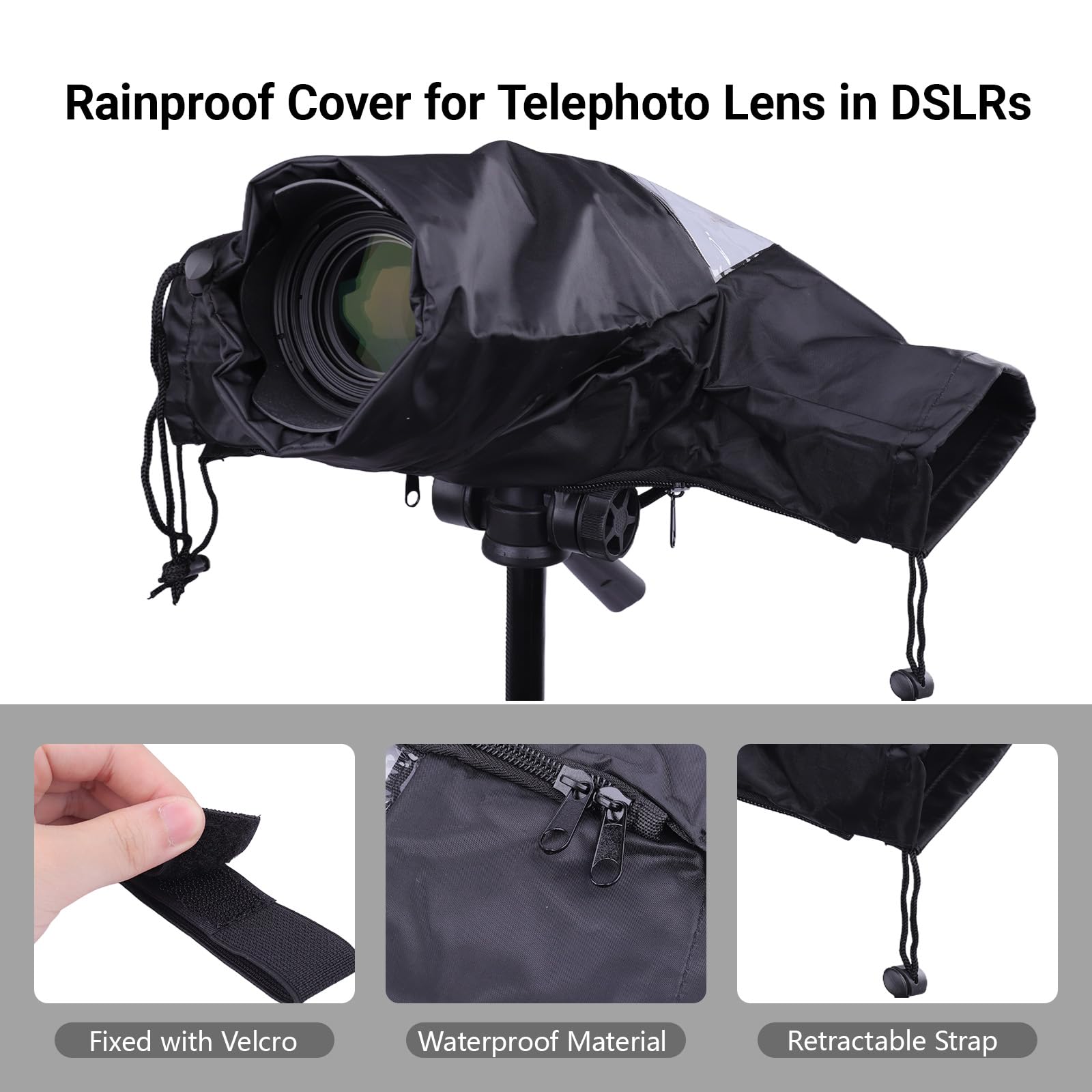 Housse De Protection Imperméable en Nylon pour Appareils Photo Reflex DSLR – Couverture Anti-Pluie pour Fujifilm, Canon, Sony – Ultra Claire avec Manches Réglables Et Accès Facile Aux Commandes