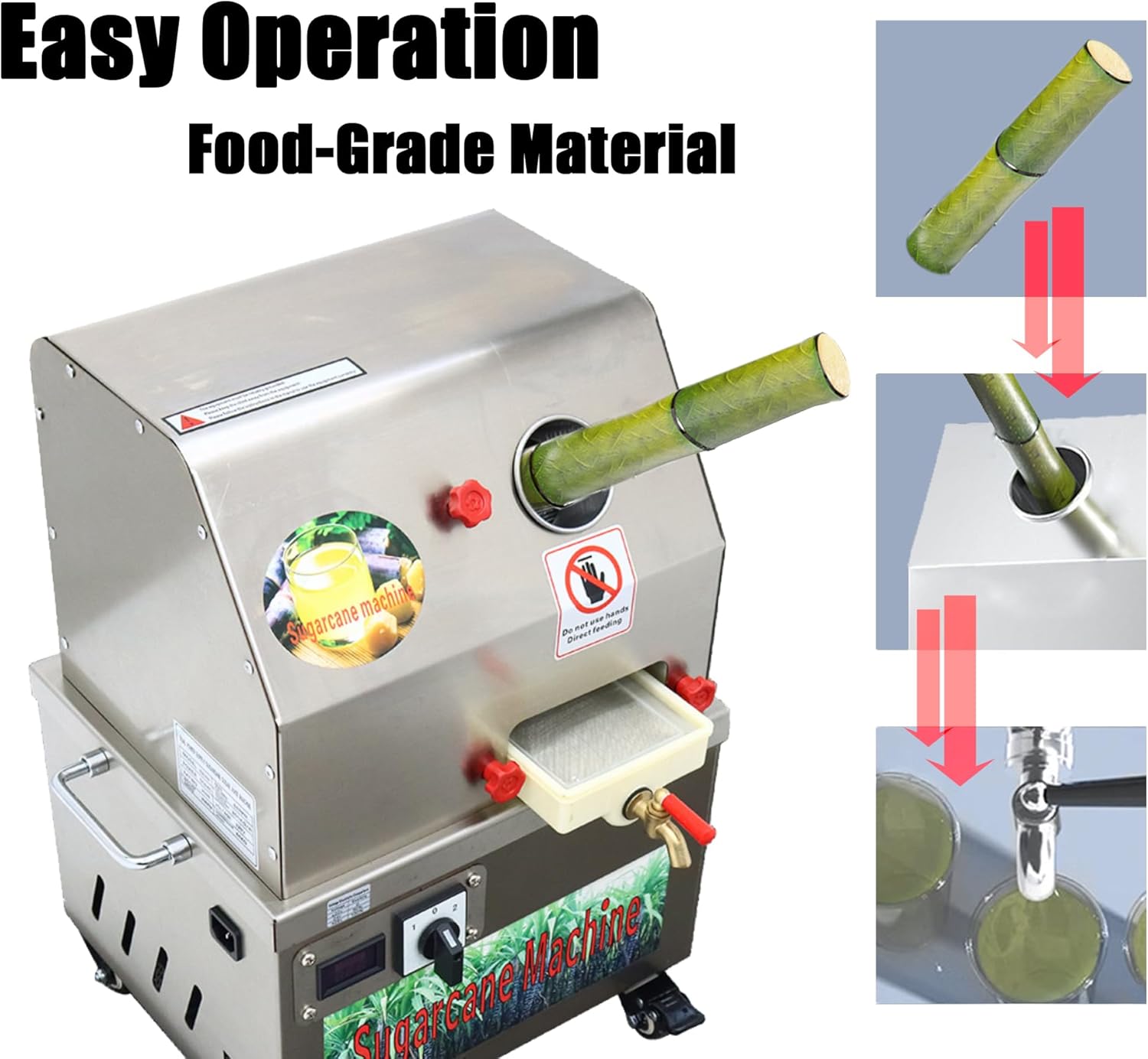 Electric Sugarcane Juicer - Vertical Press with 3 Stainless Steel Rollers, High Capacity 660lb/h, Easy Clean, Portable Design for Home & Commercial Use (24V DC/110V AC)