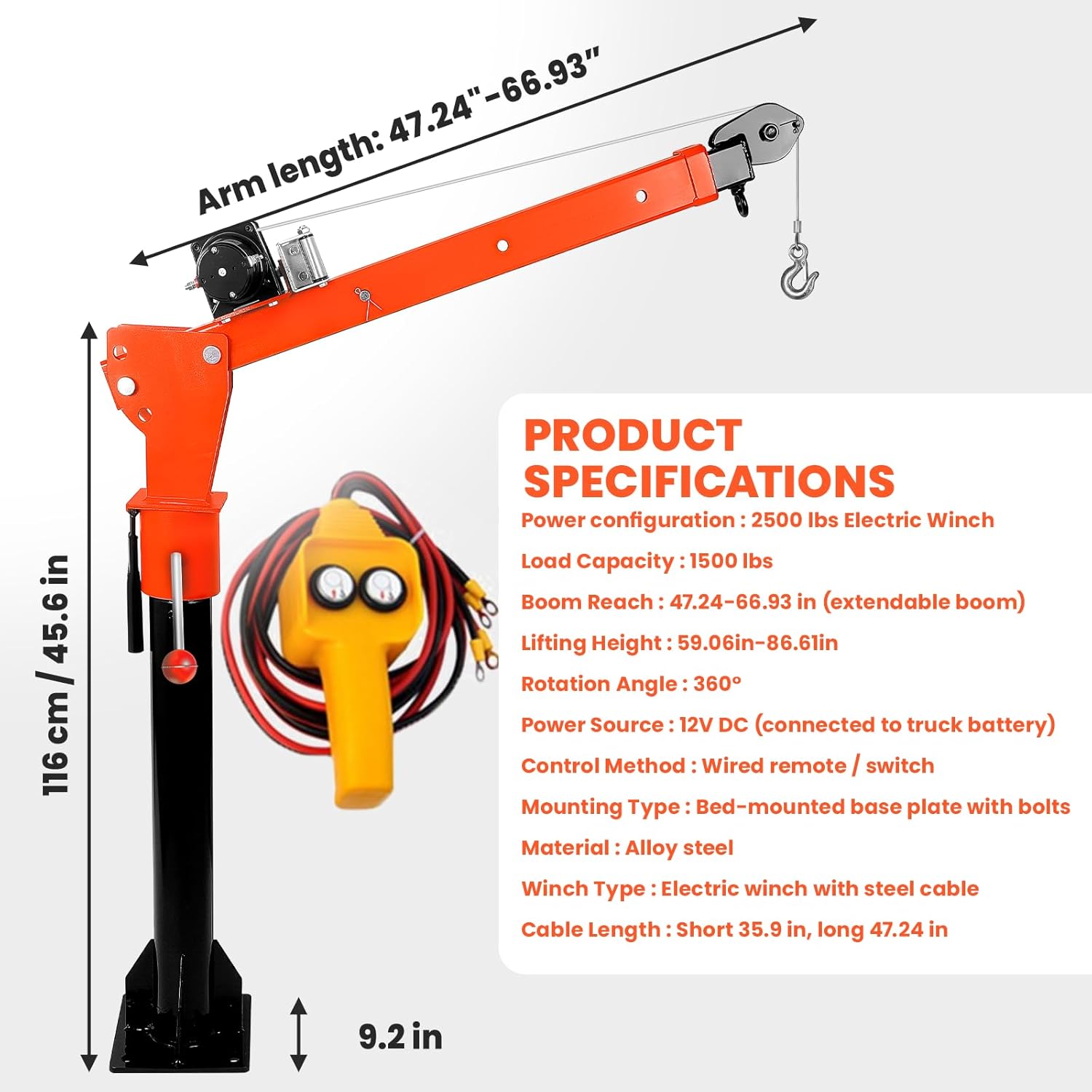 Alloy Steel Electric Truck Crane, 1500 LBS Truck Bed Crane with 2500 LBS Electric Winch, 9.2L x 9.2W x 45.6 H, 360° Swivel Truck Bed Hoist for Lifting Goods in Construction, Factory