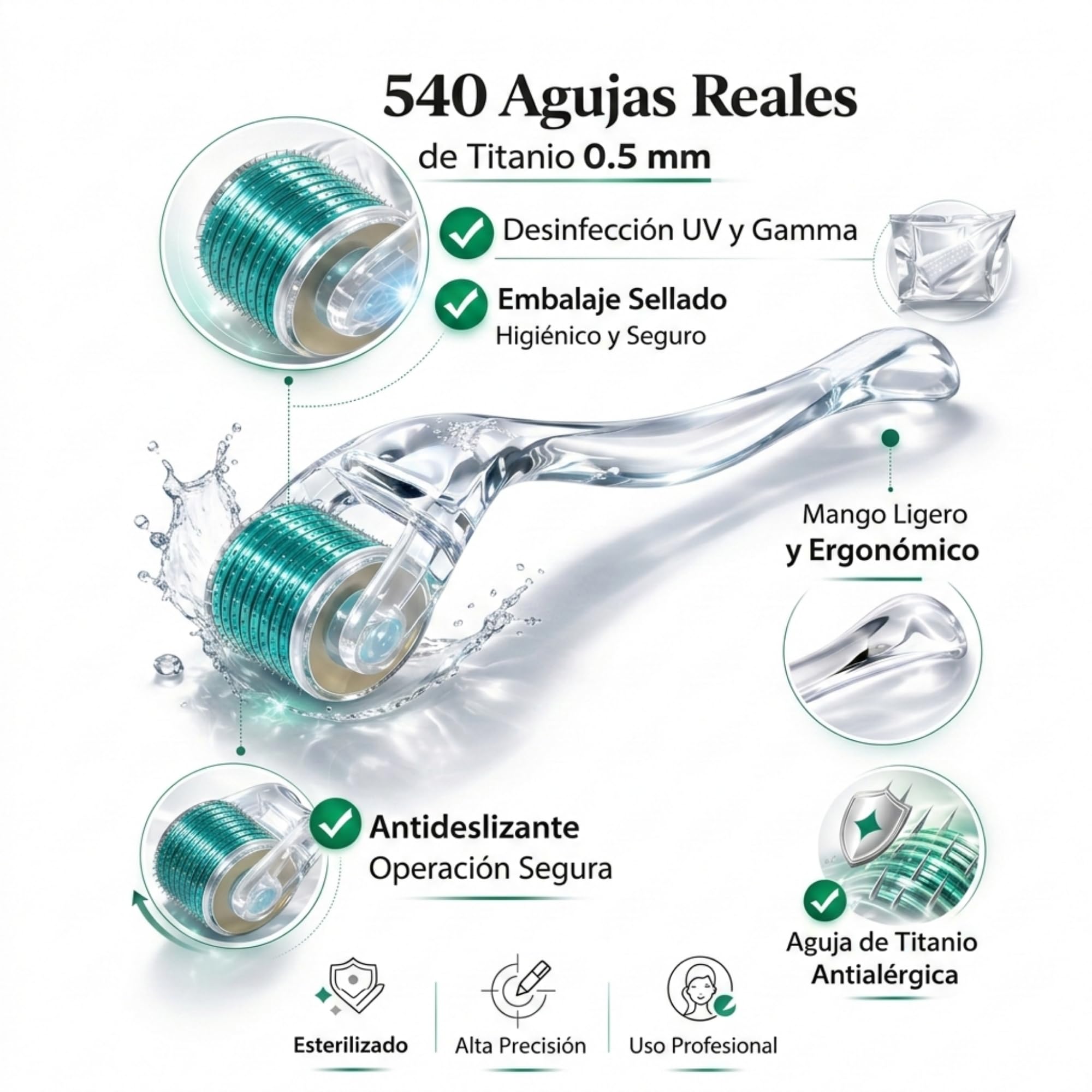 Dermaroller 0.5 mm con 540 Microagujas de Titanio – Derma Roller Facial Microneedling – Rodillo para Barba y Rostro – Alternativa Dermapen Facial