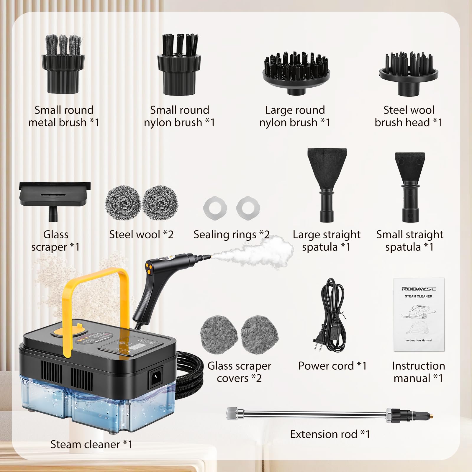 Vaporeta Limpieza Hogar-2500W,Vaporeta con 14 Accesorios,6 Niveles Ajustables, Calentamiento Rápido de 15s,Depósito de Agua de 1.2L, Vapor a 120 °C, Para Automóviles, Hogar, Cocina, Ventanas, Pisos