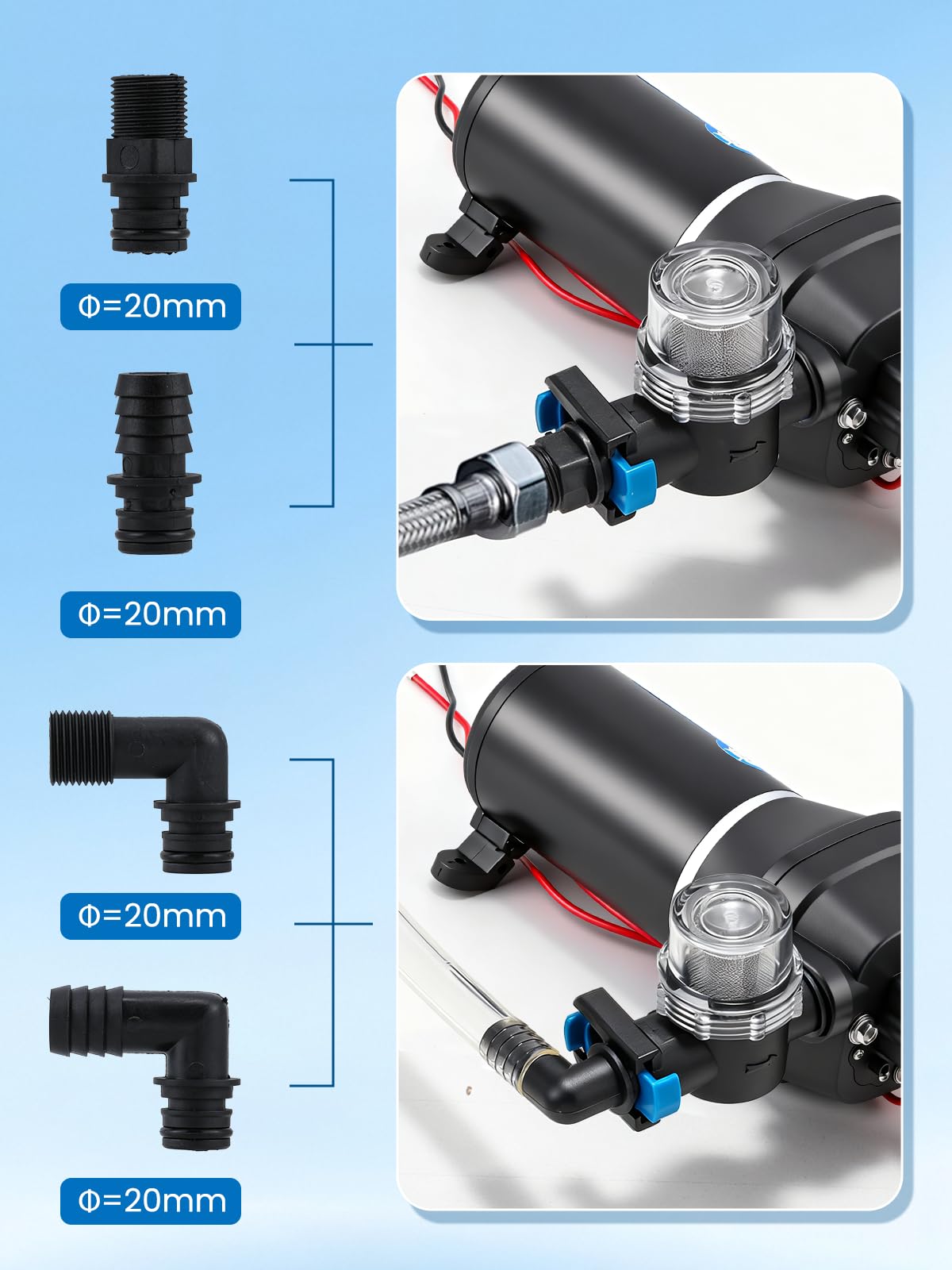 Mxmoonant 24V Automatische Wasserpumpe, Druckpumpe, 2.8Bar, 132W, 17L/Min, Selbstansaugend, Überlastungsschutz, Geräuscharm, Membranpumpe für Wohnmobil, Boot, Waschen, Bewässerung, Zirkulation