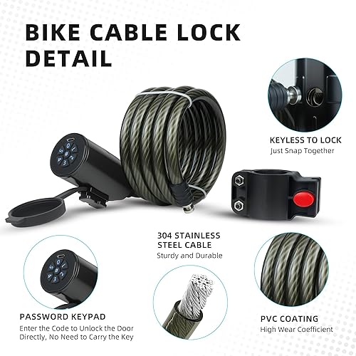 Miniatura 6 de Cerradura inteligente para bicicleta, antirrobo sin llave, cable impermeable de 59 pulgadas y soporte de montaje (cerradura de combinación)