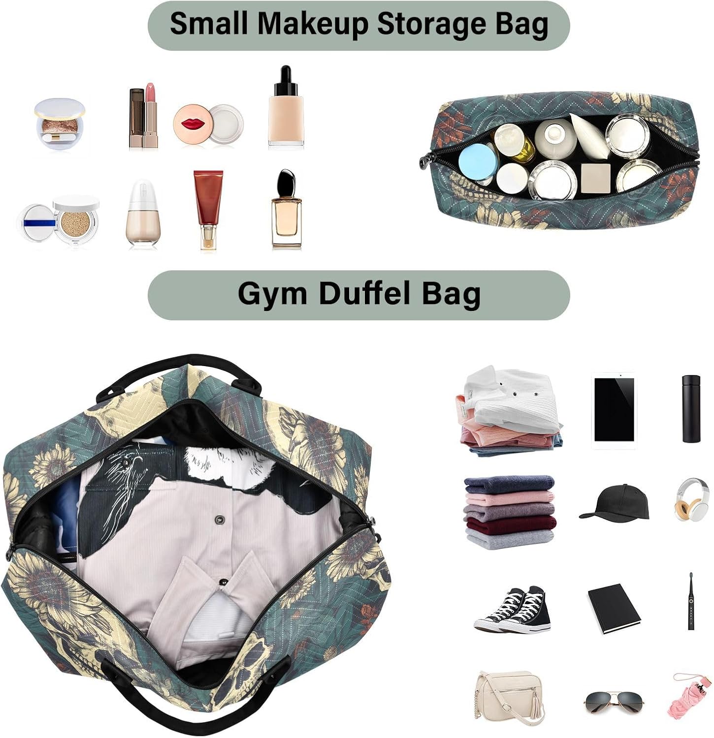 Duffel Bag Set for Travel Gym Sport, Weekender Bag Carry on Overnight Bags for Women Men-Art Floral Skull Print