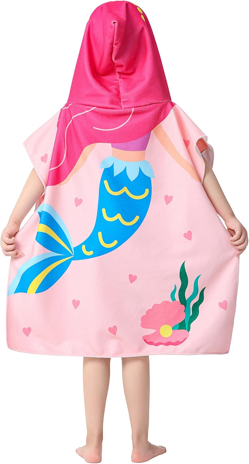 Pink Mermaid Hooded Beach Towel Poncho for Kid Girls Toddlers Bath Pool Swim Poncho Cover-ups Swimwear Soft Lightweight Microfiber - Image 3