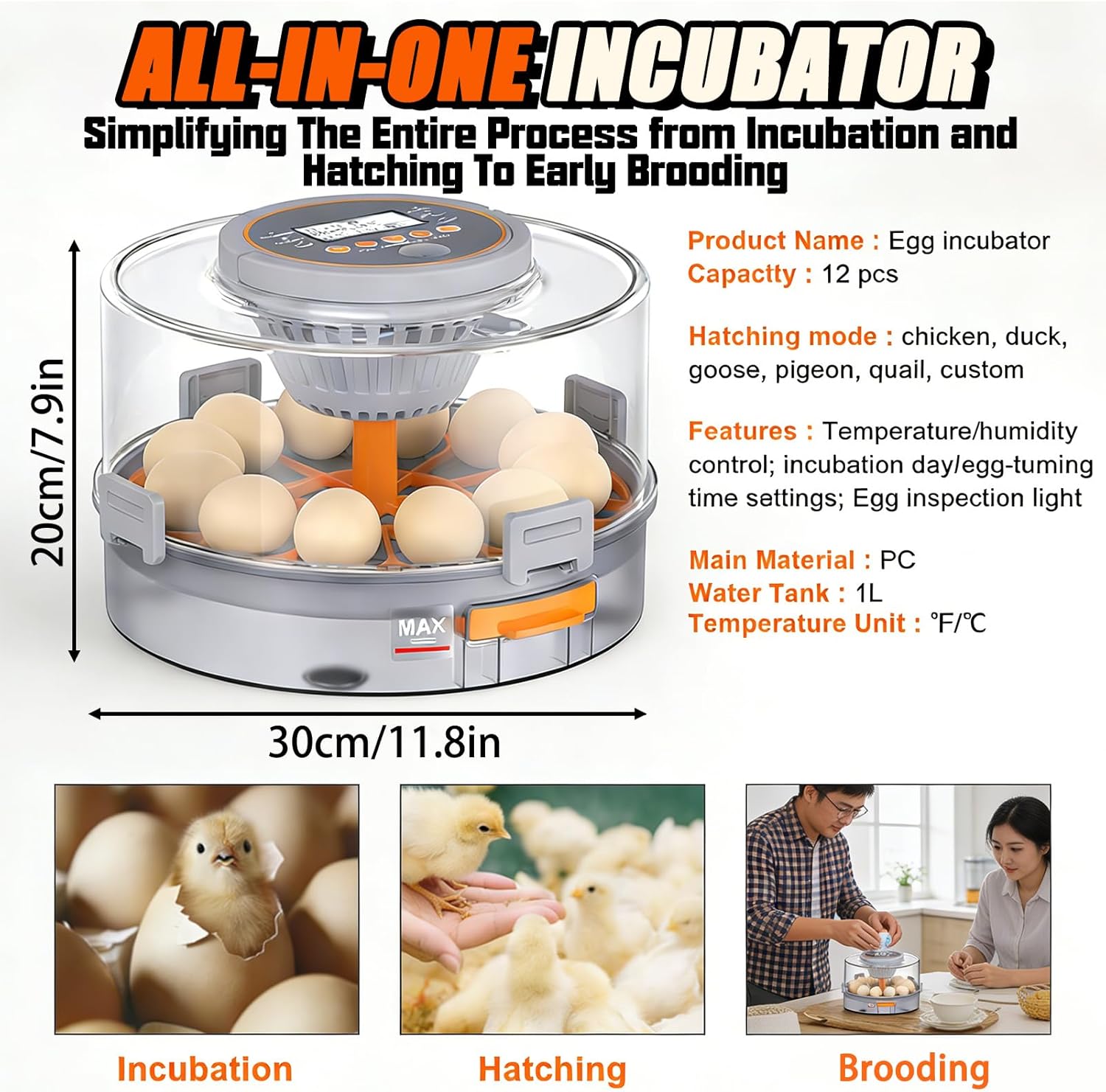 Automatic Incubator Intelligent Egg Incubator with 12 Eggs & Automatic Egg Turning Humidity Control Large Capacity Water Tank Incubators for Hatching Poultry Quail Duck Eggs