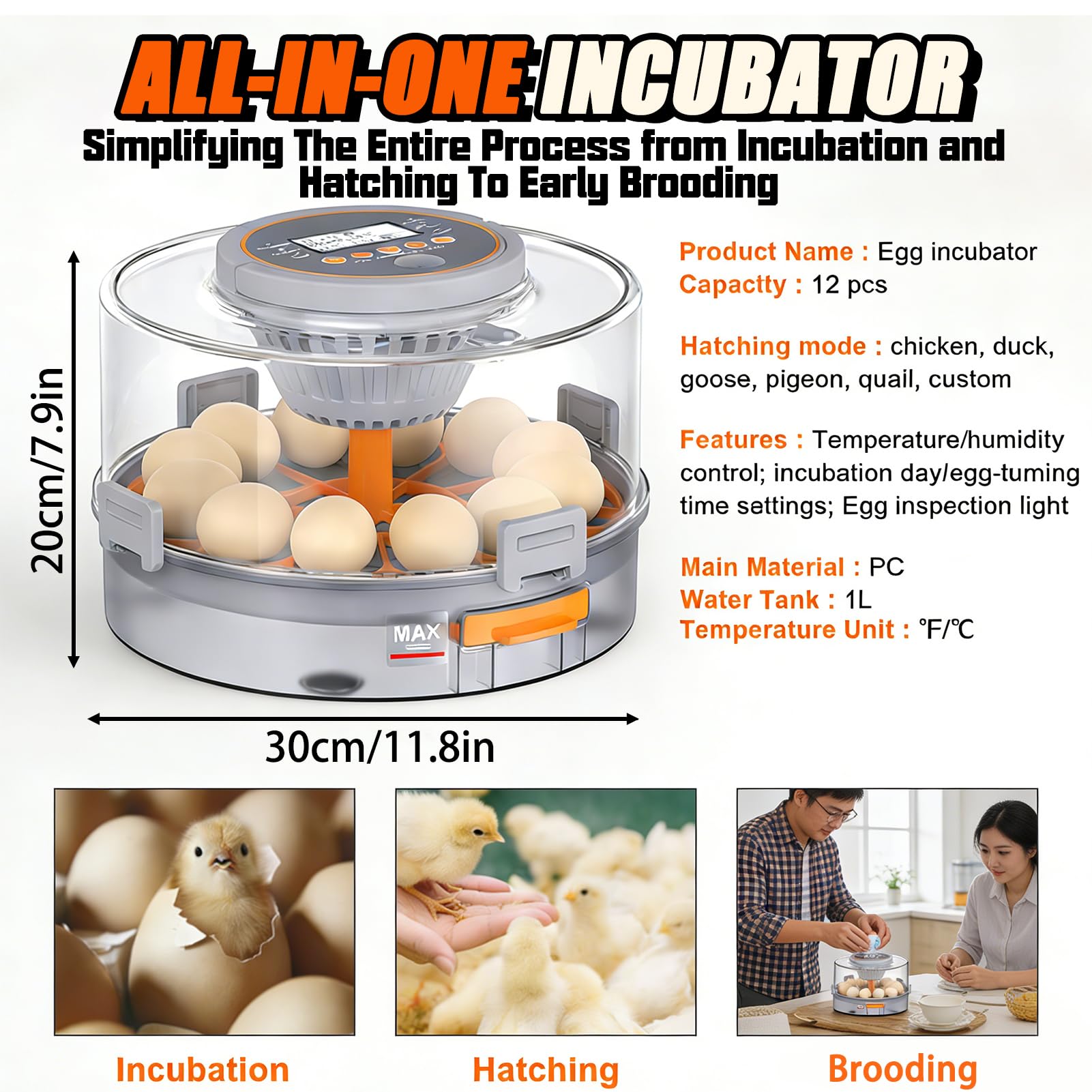 Incubadora automática inteligente de huevos con 12 huevos y control de humedad automático de huevos de gran capacidad, incubadoras de tanque de agua para incubar aves de corral, huevos de pato