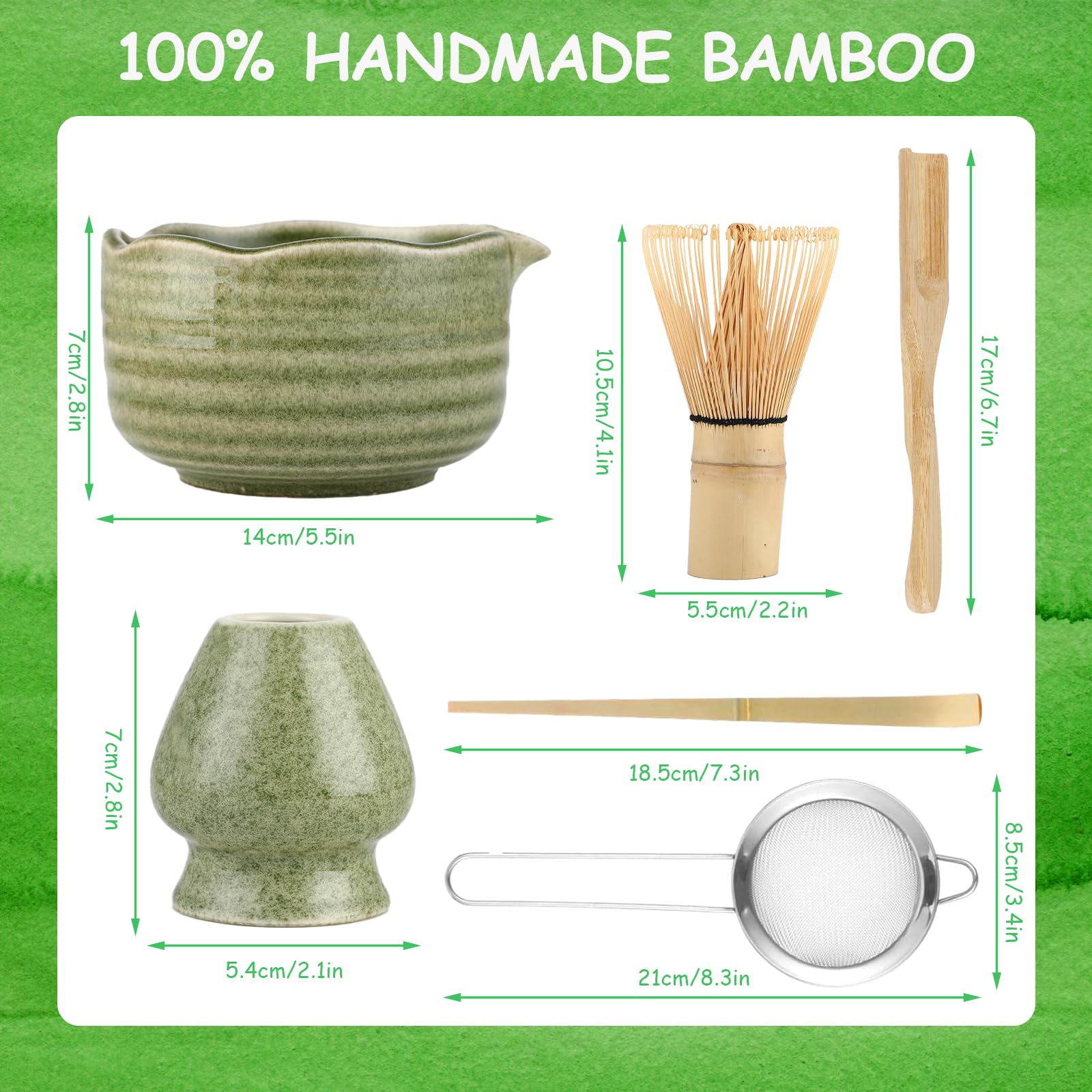 Matcha set – Matcha Kit de 6 piezas, incluye batidor de matcha, colador de acero inoxidable, cuenco para matcha, 2 cucharas de matcha y soporte de cerámica. Ideal para los amantes del matcha