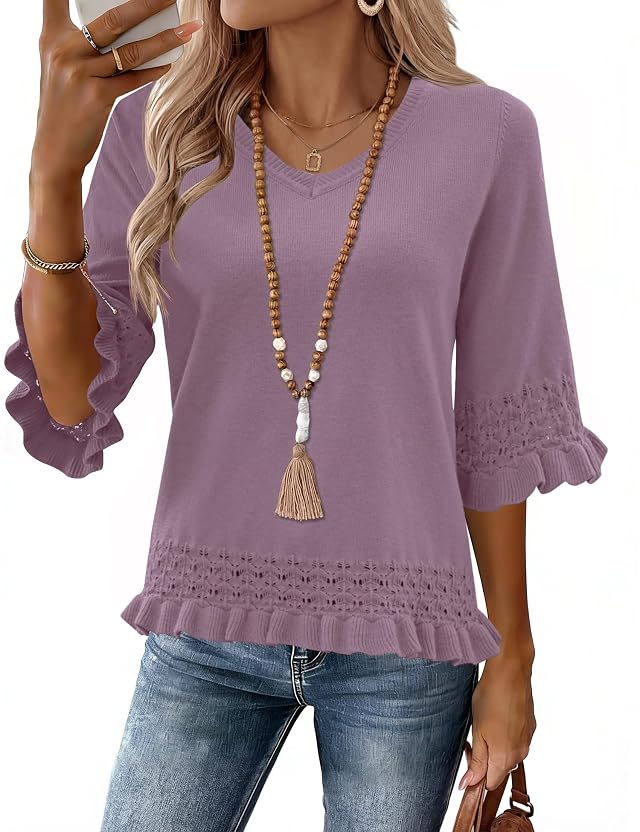 LOMON Womens Sweaters 3 4 Sleeve Business Casual Sweater V Neck Boho Tops Cute Crop Knit Peplum Pullover