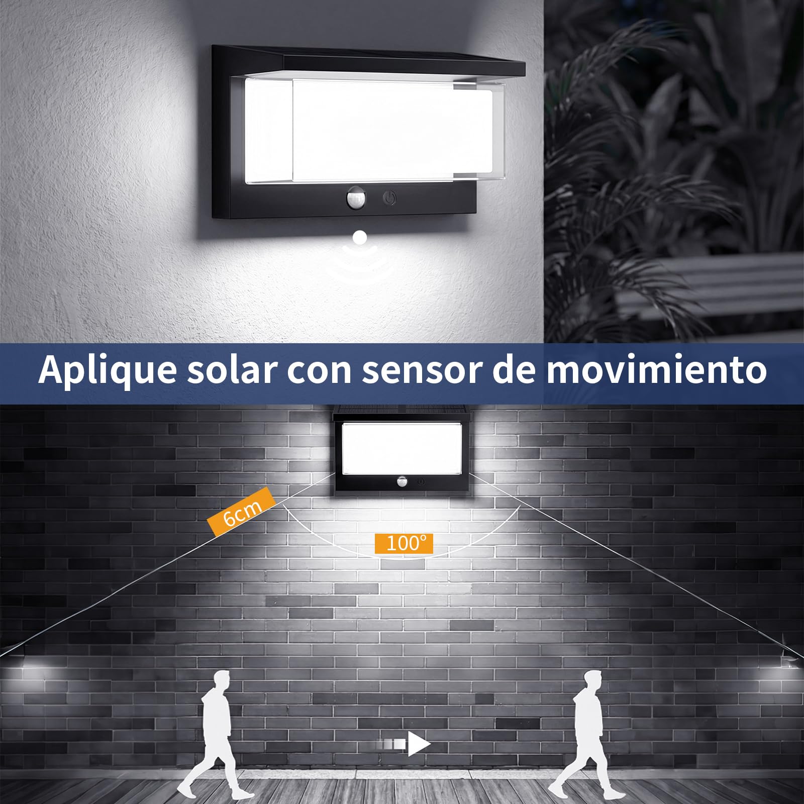 Lámpara Solar Exterior con Sensor de Movimiento,2 Piezas Aplique Solar Exterior IP65 6500K Blanco Frío Encendido/Apagado Automático, LED Impermeable para Jardín Pared Valla