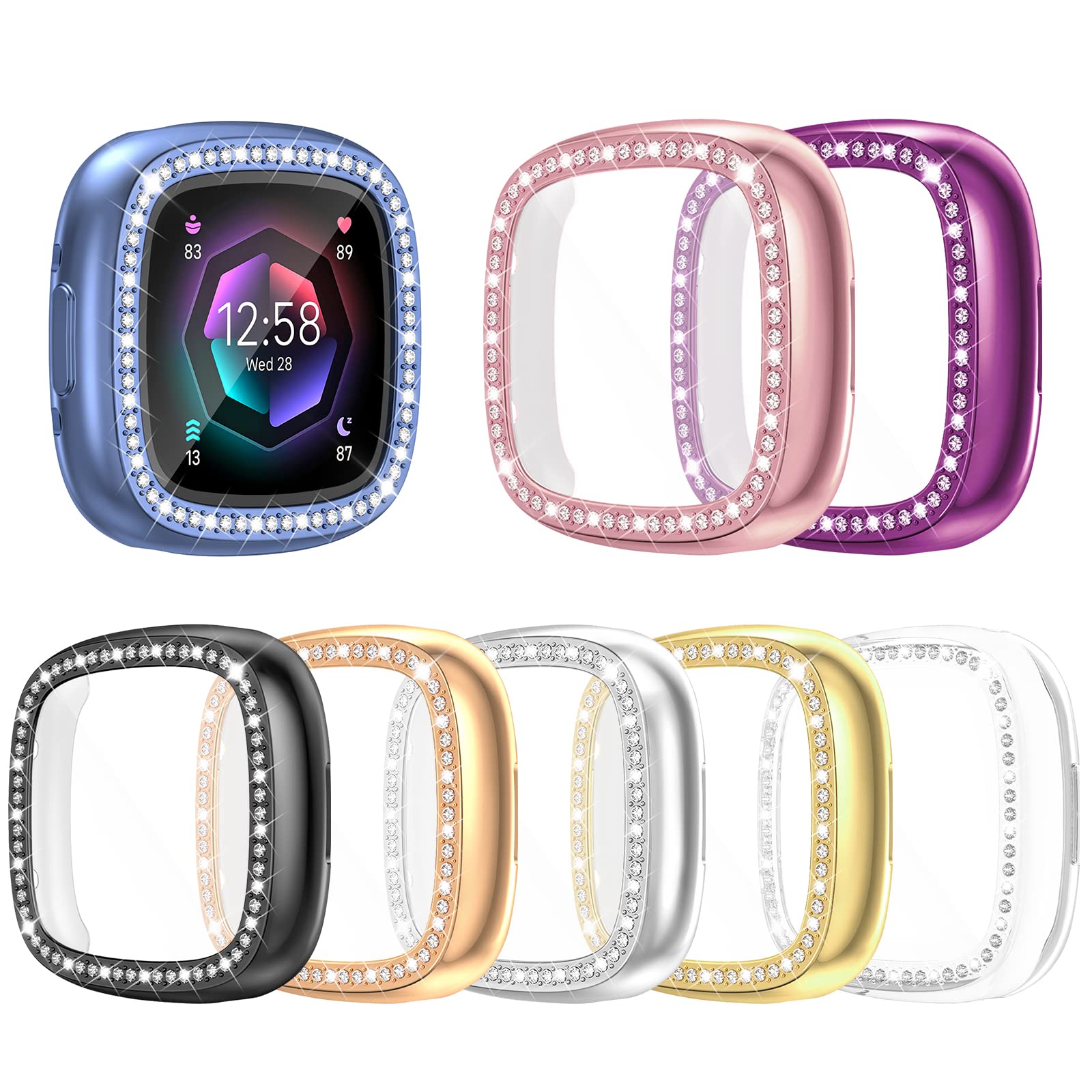 [8Pack] RICHONE Compatible with Fitbit Versa 4 & Sense 2 (2022) Screen Protector Case, Bling Diamonds Cover Soft TPU Bumper Smartwatch Accessories(8 Colors, Versa 4 & Sense 2)