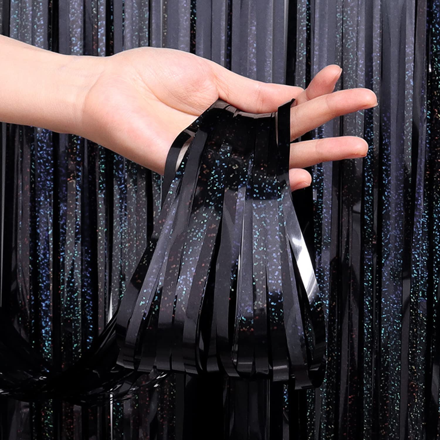 WENYA 3 Pack Black Foil Fringe Curtains Party Decorations, 3.3ft x 6.6ft Glitter Fringe Rain Curtain, Photo Booth Backdrop Tinsel Curtain Streamer for Wedding Christmas New Year Celebration Party