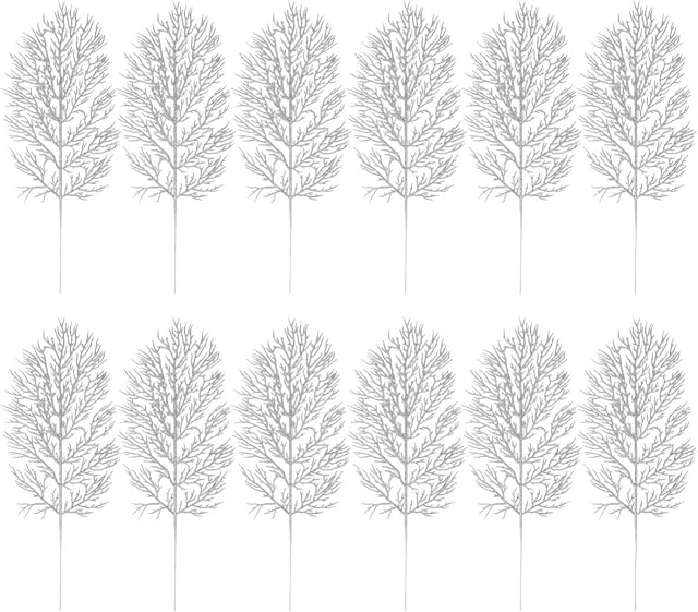 Cabilock 12pcs Christmas Leaves Picks Artificial Glitter Leaves Stems Xmas DIY Bouquet Stem Floral Branches for Christmas Tree Wreath Decor (Silver)