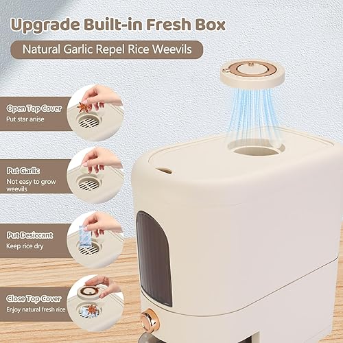 Miniatura 4 de Dispensador de arroz, recipiente de arroz de 12 libras con taza medidora, caja fresca incorporada, dispensador de cereales a prueba de humedad con