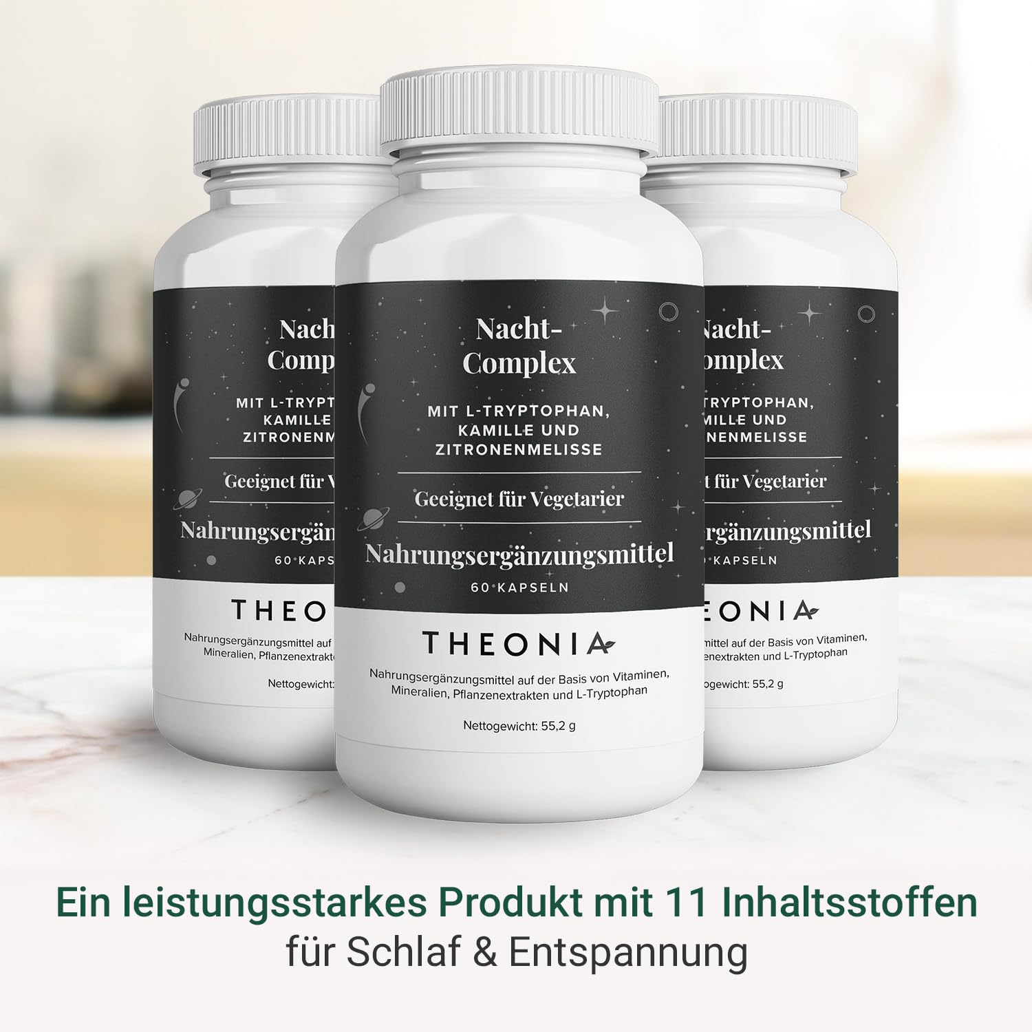 Theonia Nacht-Complex mit 100 mg L-Tryptophan, Kamille & Zitronenbalsam Natürliches Nahrungsergänzungsmittel für Schlaf & Entspannung – 60 Kapseln, gentechnikfrei, vegetarisch