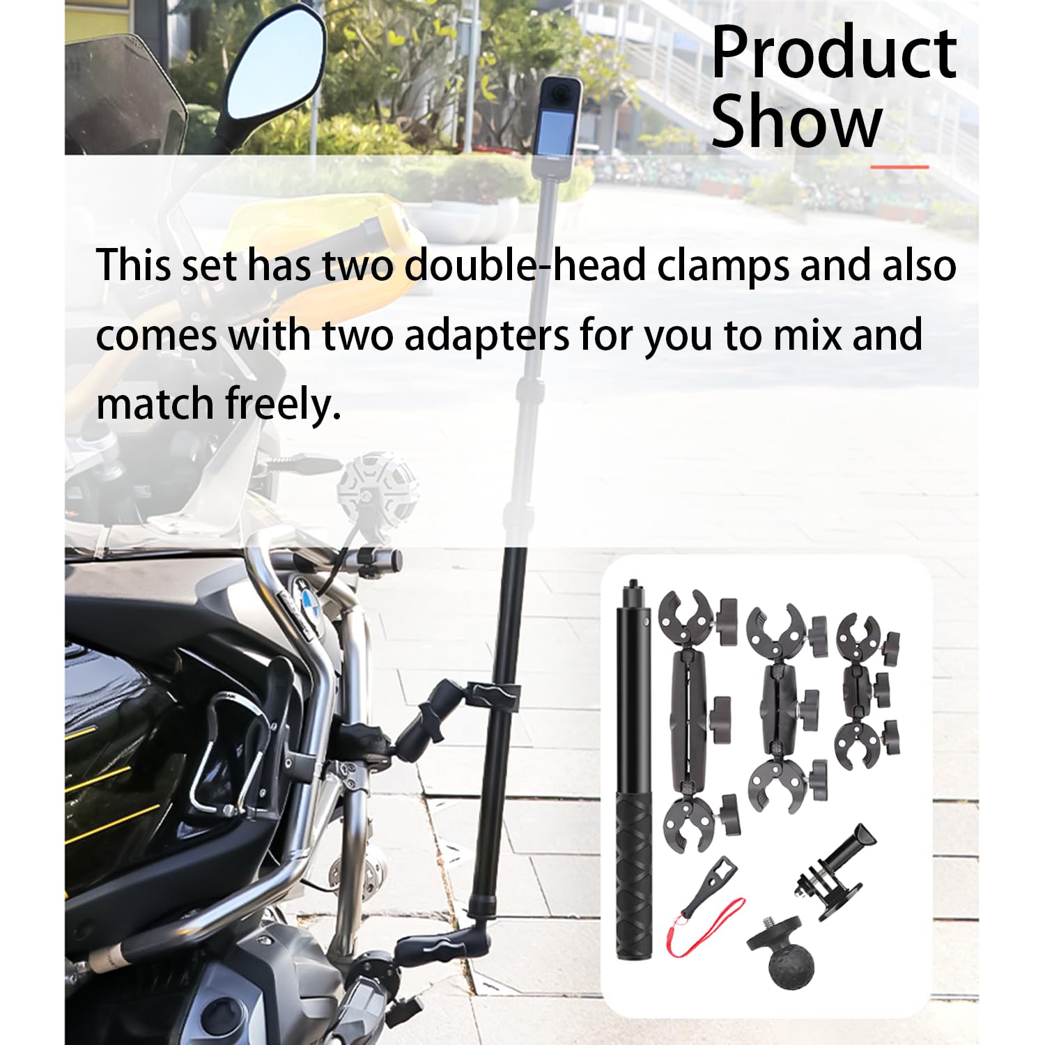 Accessori Per Insta 360 x4,Per Insta 360 x3 Kit Moto,Supporto Per Videocamera,Rotazione Di 360 Gradi,Doppio Morsetto,Alluminio,Doppia Stabilità,Per Insta360 x5,x4,x3,x2,Per One Rs,Per Ace,Ace Pro
