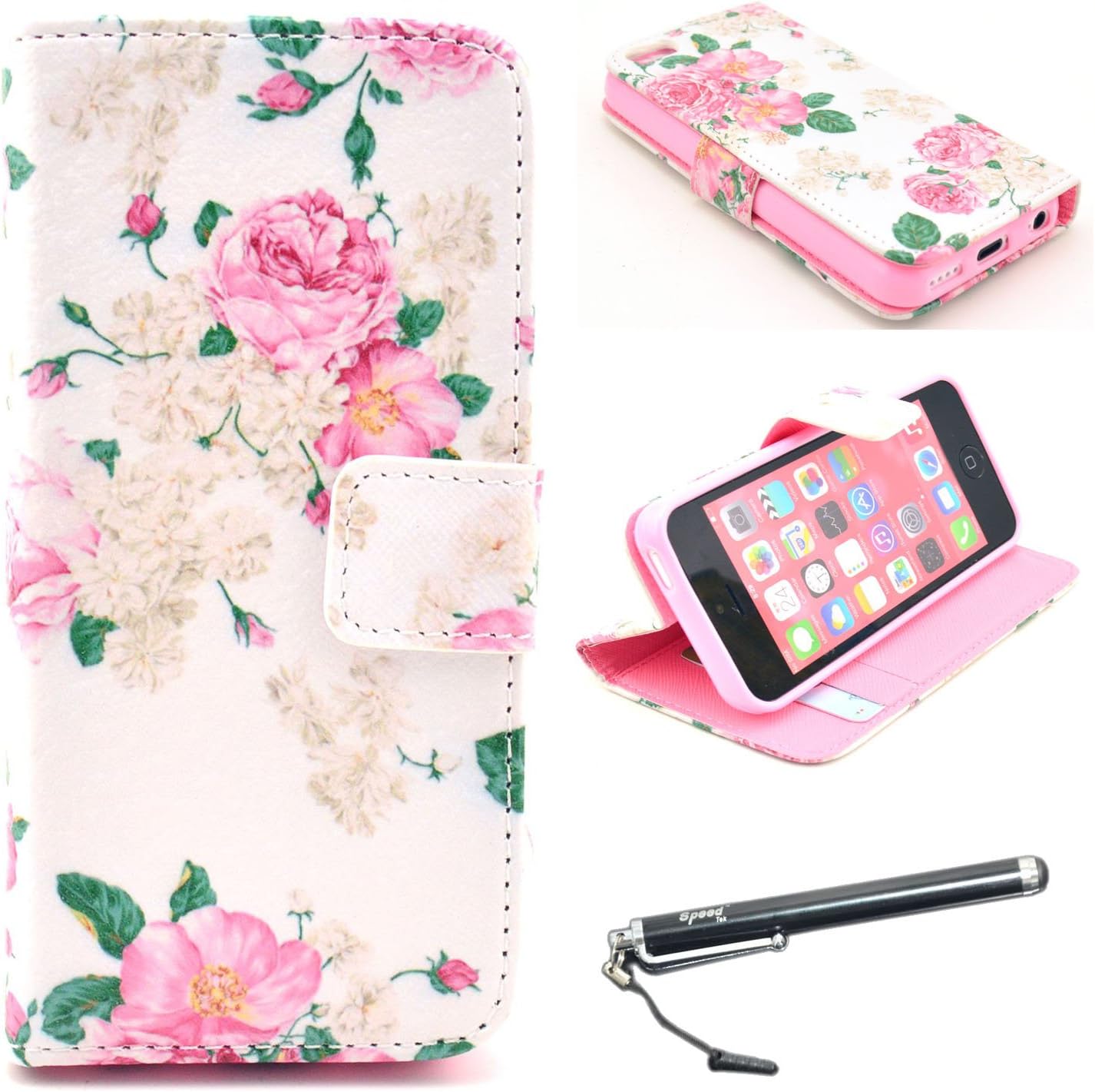 5C Case, iPhone 5C Wallet Case, Speedtek Rose Pattern Premium PU Leather Wallet Flip Protective Skin Card Case for Apple iPhone 5C (2013) (Built-in Credit Card/ID Card Slot)