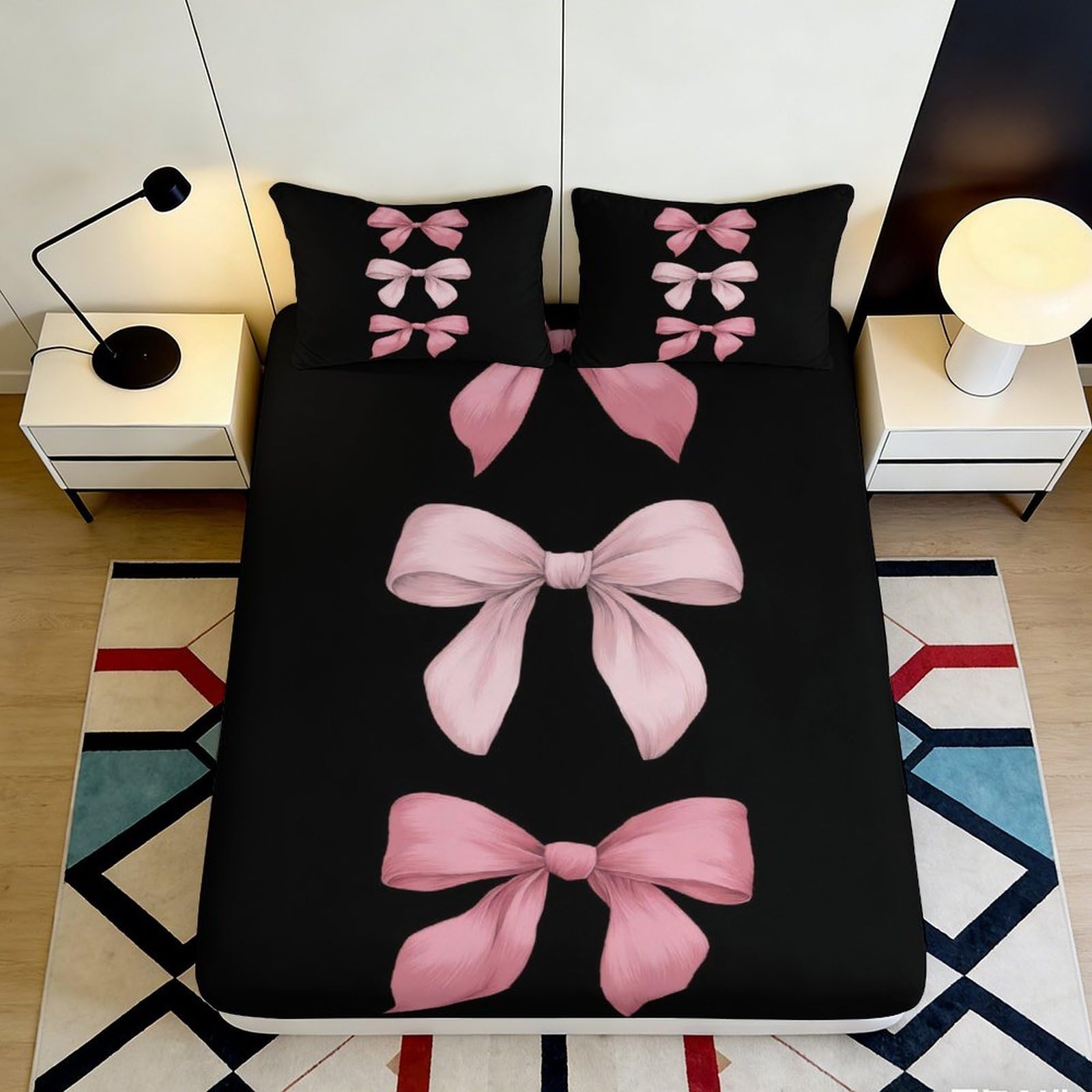 3D Printed Pink Bow Fitted Sheet Microfiber Soft Decorative Ribbon Bed Cover for Bedroom Dorm Mattress Protection 90x200x25cm