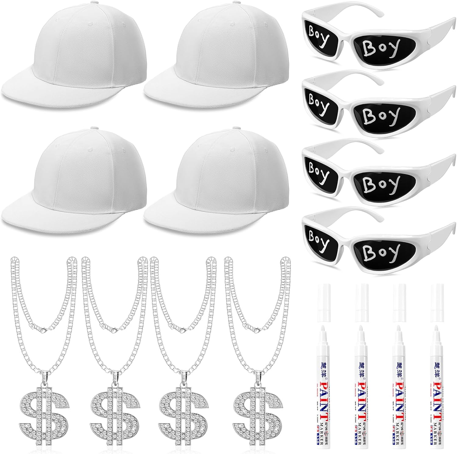 Yahenda 16 Pcs Hip Hop Costume Kit 2000s 80s 90s Rapper Accessories Costume for Women Men Rapper Sunglass Hats Chain and Pens