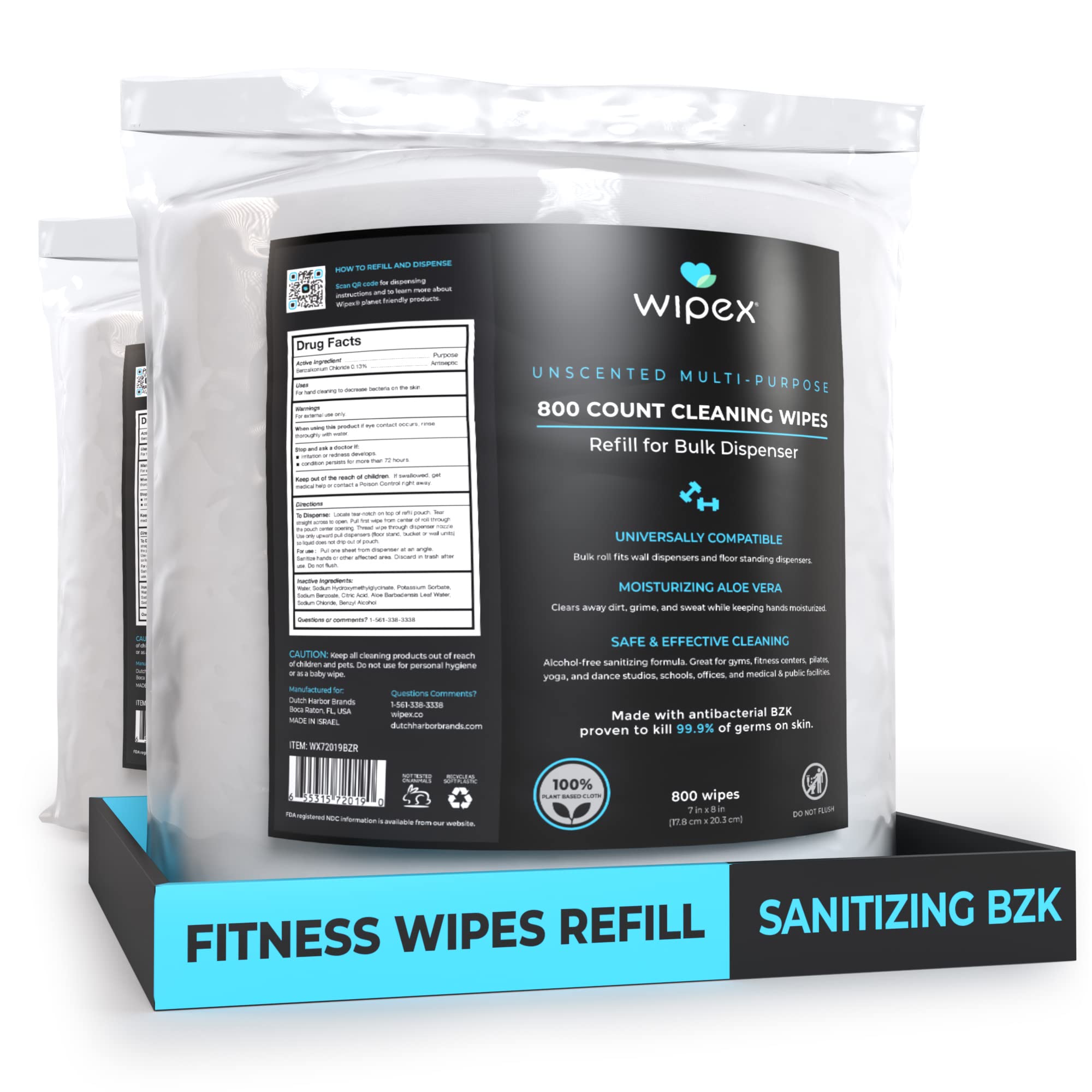 Wipex Gym Fitness Wipes 800 ct with BZK Antiseptic Refill Roll for Dispensers 2 Packs 1600 Wipes