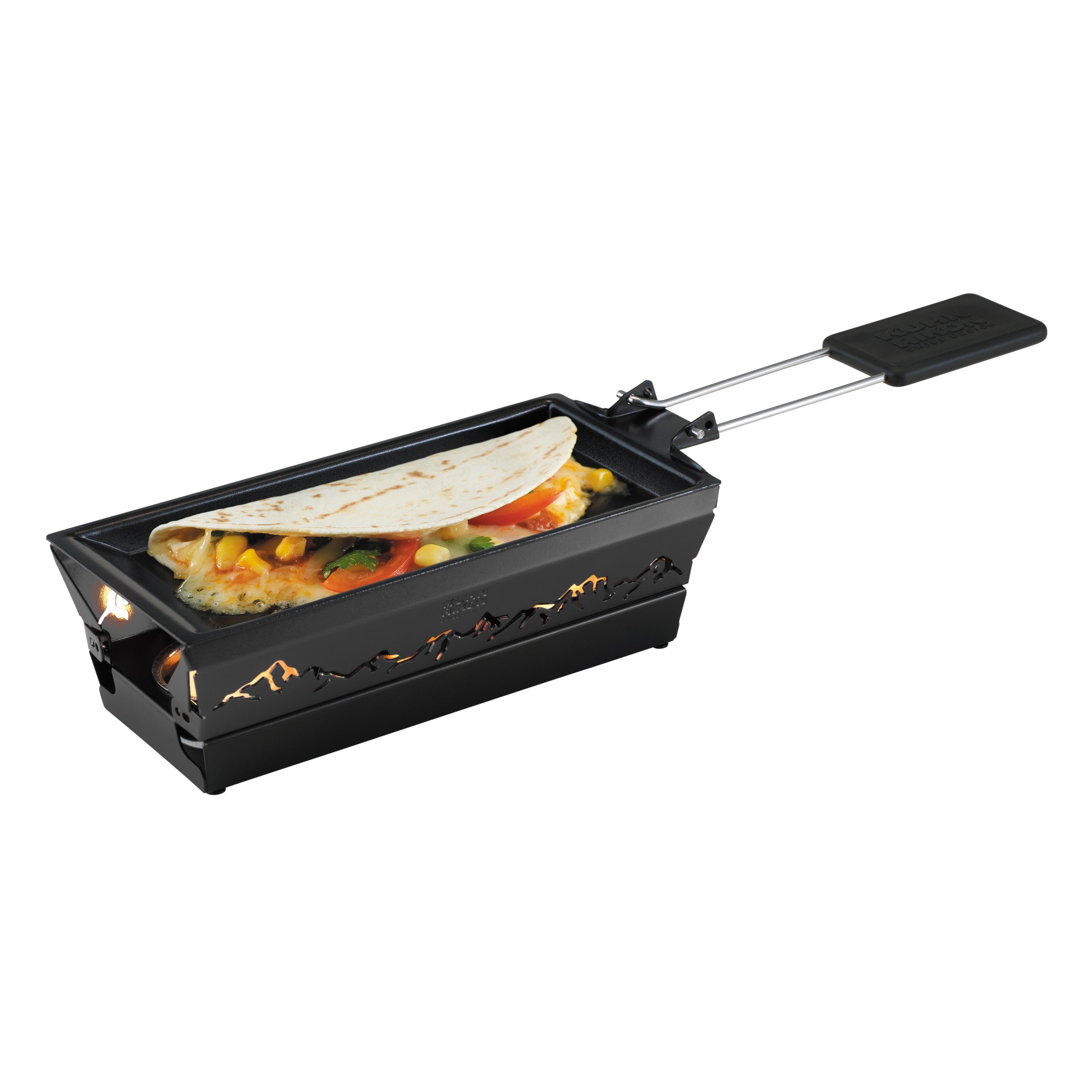 Kuhn Rikon Raclette Set Mini Alpine Glow Black - Compact Tabletop Candle Raclette with Non-Stick Pan, Scraper and 3 Candles, Decorative Mountain Motif, Easy to Transport