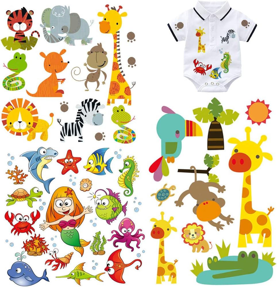 Baby Iron on Patches 3 Sheets Kids Heat Transfers Appliques with Animals Giraffe Mermaid Shark Lion Snake Iron on Transfers Stickers for Jeans T-Shirts Jackets Bikini DIY Decorations Perfect Garment