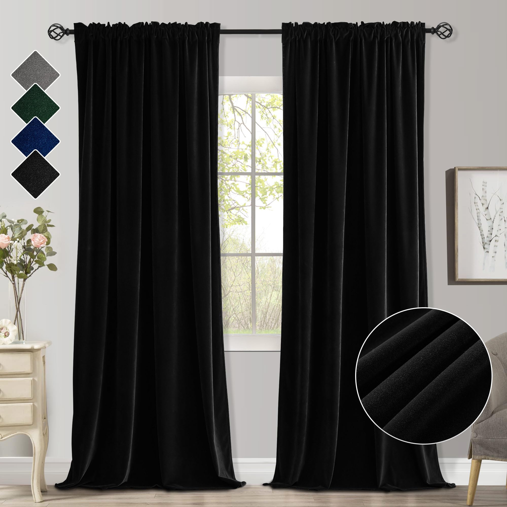 CUCRAF Black Velvet Curtains 63 inches Long, Super Soft Room Darkening Rod Pocket Blackout Curtain, Thermal Insulated Noise Reduction Window Drapes for Living Room Bedroom (52 x 63 Inch, 2 Panels)