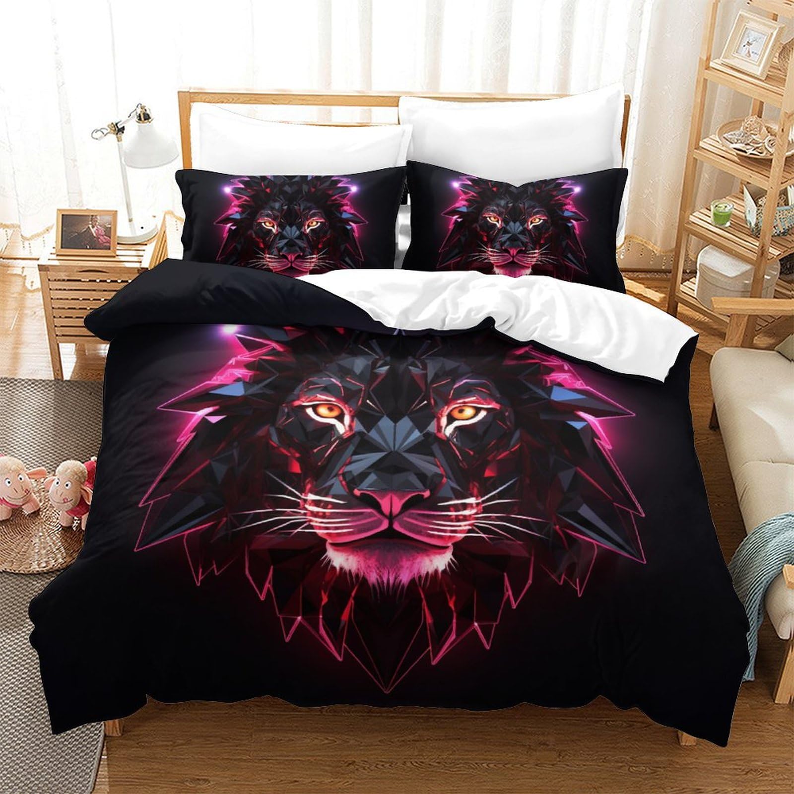 Housse de couette lion 200x200 pour lit adulte homme et enfant parure de lit double avec zip