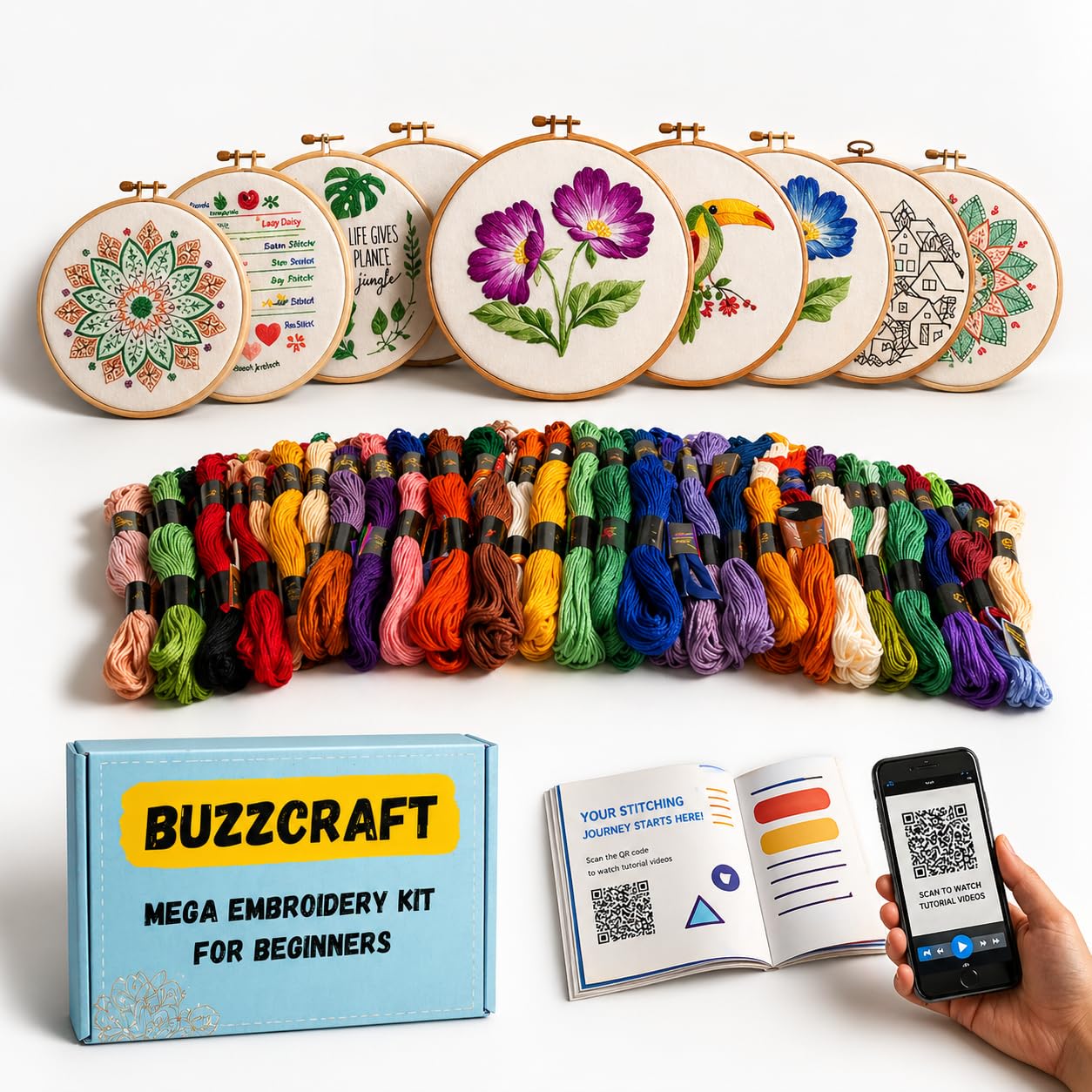 BUZZCRAFT Embroidery Kit for Beginners, Hand Embroidery Starter Kit with 5 Pre Printed Fabric Patterns, 30+ Stitch Guide, Embroidery Hoop, Needles & Embroidery Floss, DIY Craft Kit for Adults (5)