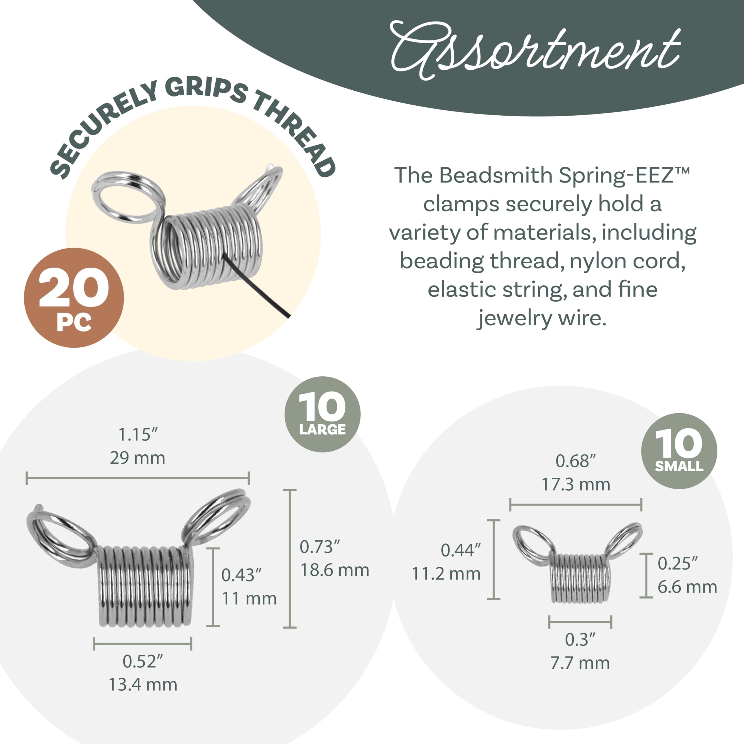 The Beadsmith Zaciski do koralików SpringEEZ – zestaw w różnych rozmiarach (20 sztuk), 10 małych i 10 dużych, zaciski sprężynowe do projektów biżuterii i bransoletek, zapobiegają spadaniu koralików