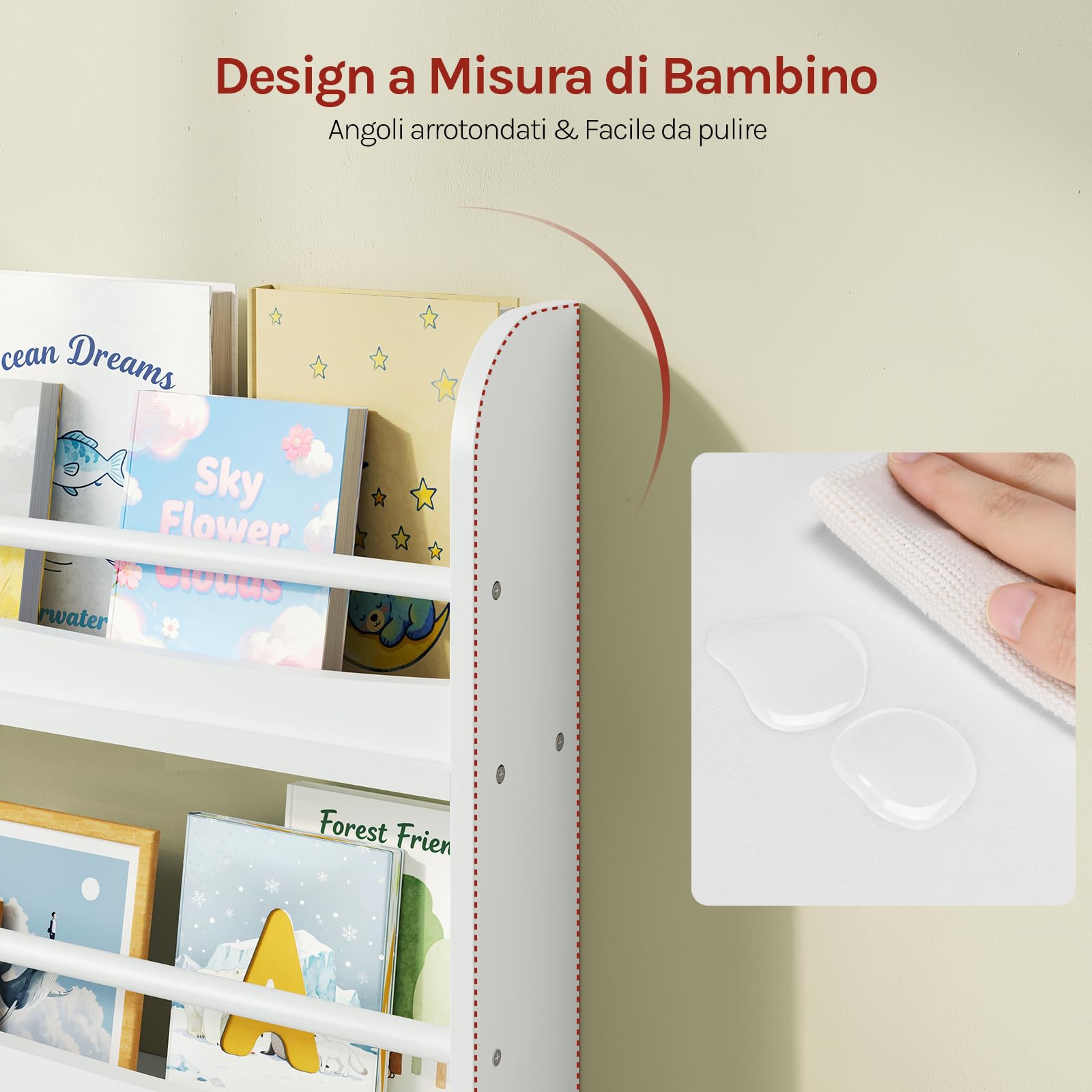 WOLTU Libreria Montessoriana per Bambini, Scaffale Porta Libri Salvaspazio a 4 Ripiani, Piccola Libreria a Muro in Legno, per Cameretta, Stanza dei Giochi, 80x12x118cm