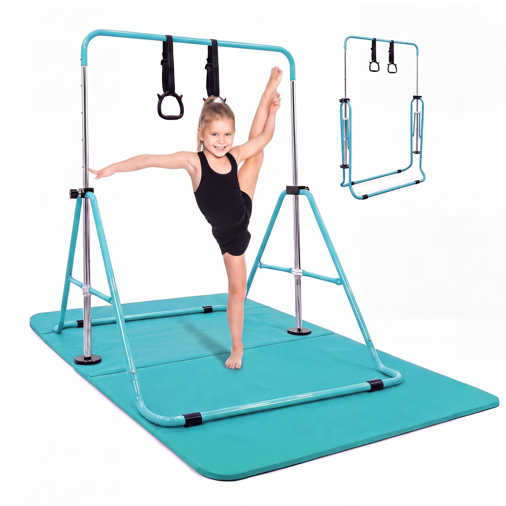 KAYMAN Gymnastics Horizontal Bar for Kids with Rings & Hand Protection Wrap – Adjustable Height 89/99/109/119/129cm, Heavy-Duty Steel Gym Equipment for Home Gymnastics, Strength & Flexibility Training