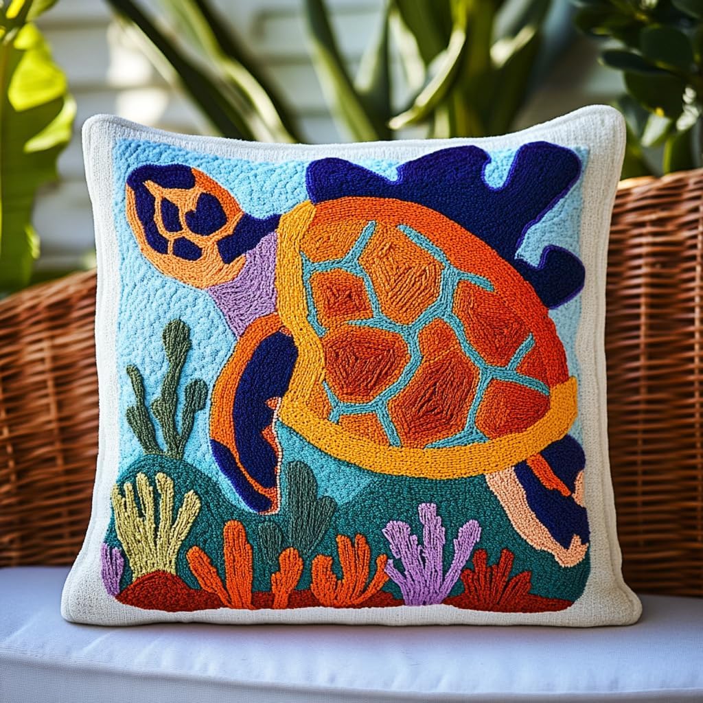 DIY Punch Needle Pillow Kit Sea Turtle and Corals with Pattern and Hoop Handmade Embroidery Punch Needle Starter Pillowcase Set for Home Sofa Decor 43x43cm-1-7