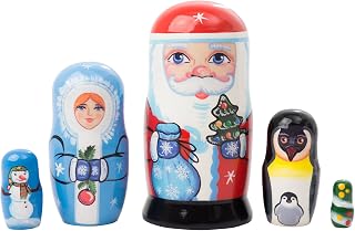 Golden Cockerel Made in Russia Authentic Russian Nesting Christmas Doll 5pc./3.5" Father Frost and Snow Maiden Collectible Babushka Russian Doll Penguin Snowman