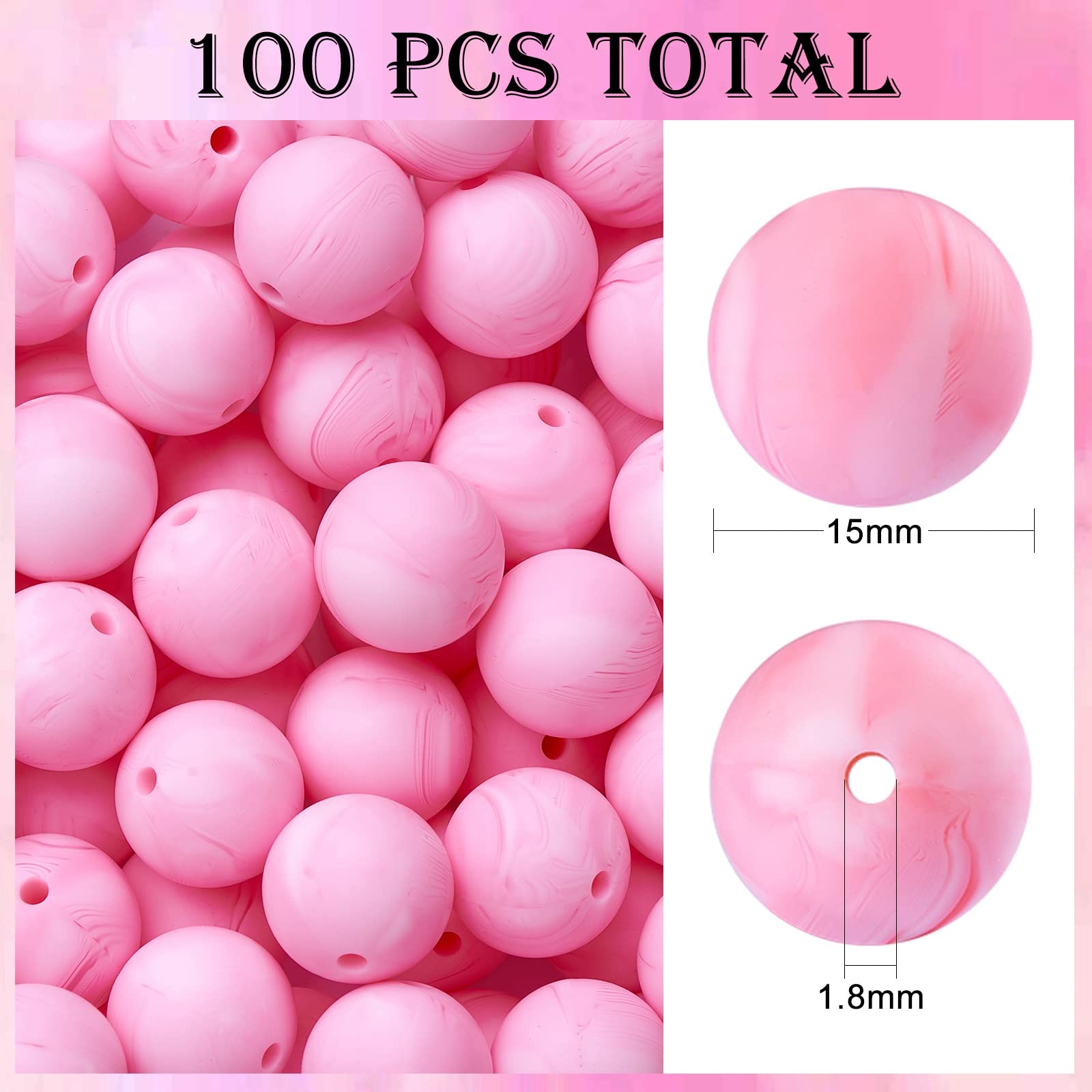 BEEFLYING 100 Pieces Silicone Beads 15mm Round Rubber Focal Bead Loose Spacer Beads for Keychain Making Pen Bracelet Necklace Jewelry DIY Craft (Smoky Pink) - Image 2