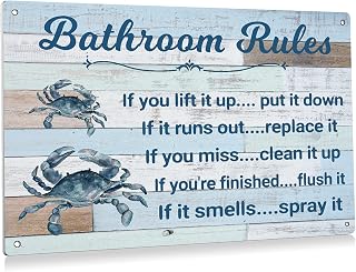 Funny Bathroom Rules Metal Tin Sign Wall Art Decor - Rustic Bathroom Quote Crab Sign for Toilet Restroom Decor Gifts 6"x8"