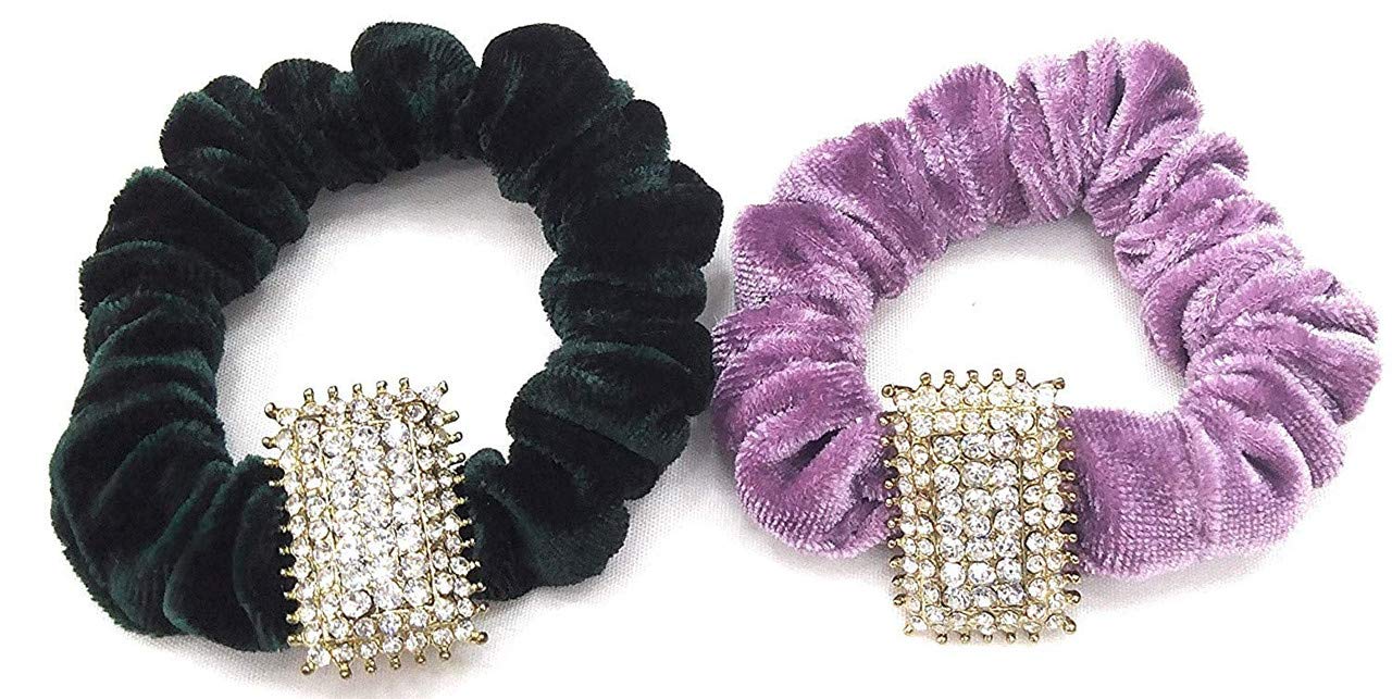 FAMEZA Diamonds Studded Velvet Fabric Elastic Rubber Band Ponytail Hair Scrunchie for Women – Set of 2