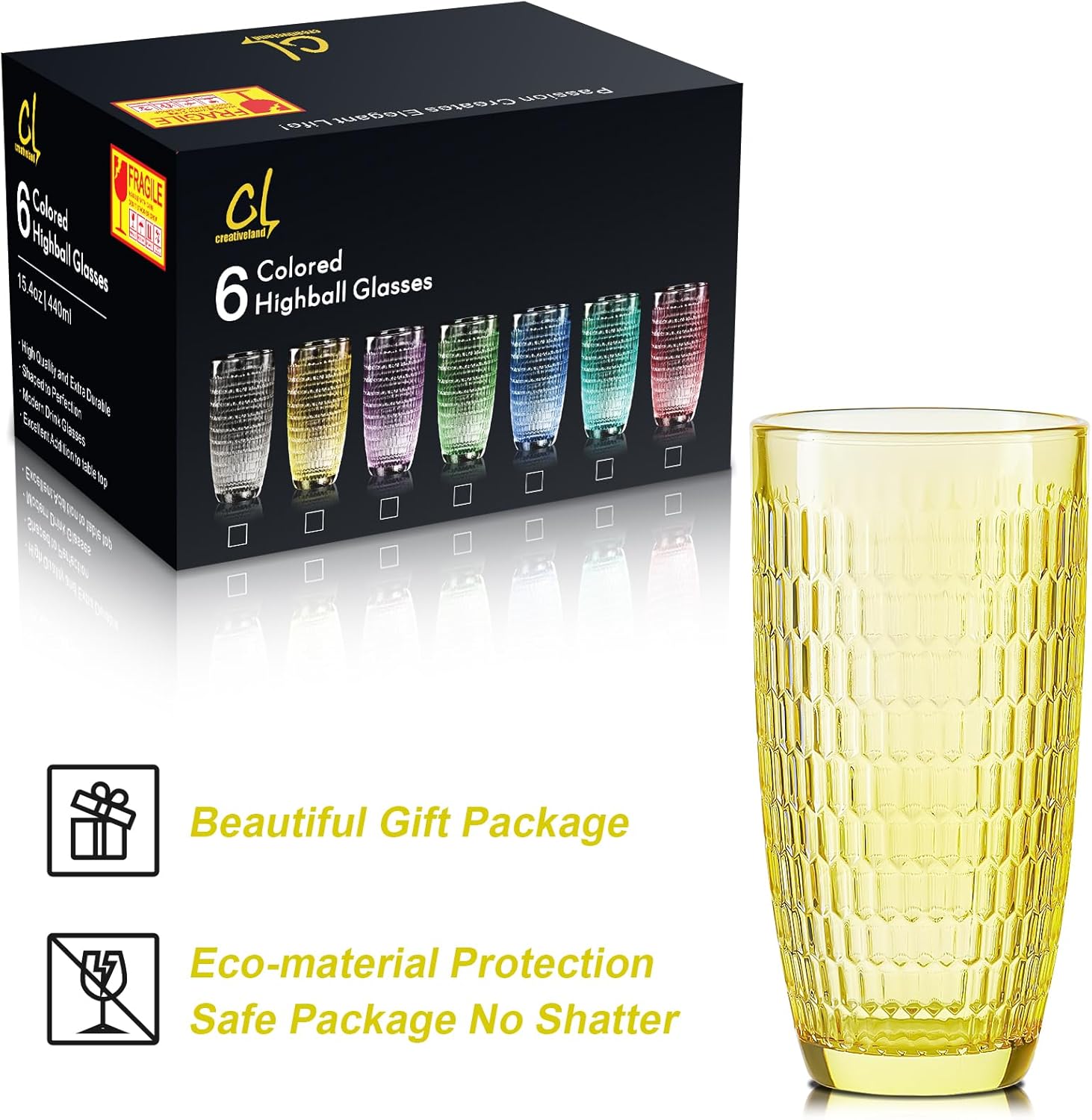 CREATIVELAND Highball Beverage Glasses Set of 6 Romantic Colored Thick & Heavy Base Big Capacity 14.87oz|440ml, Drinking Glass Tumblers for Iced Tea, Water, Soda & Juice and Cocktails (Yellow)
