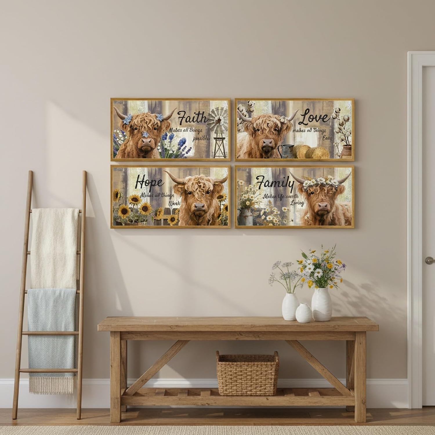 OuElegent Highland Cow Pictures Faith Hope Love Family Wall Art, 4 Piece Canvas Print Set, Farmhouse Decor with Inspirational Quotes, Framed Ready to Hang, Rustic Home Decoration 8''x16'' each piece (brown)