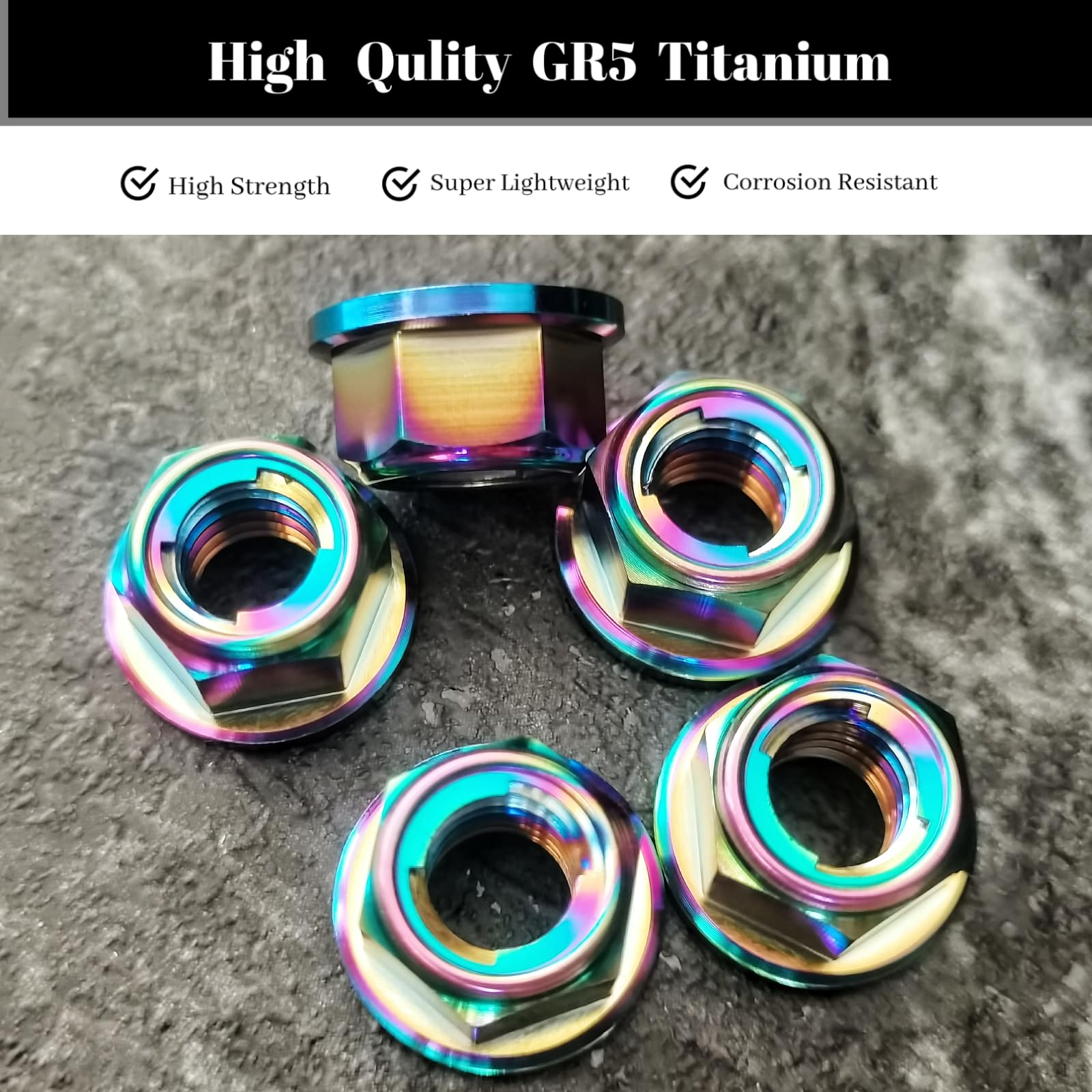 RISON-Titanium Tuerca de Brida de Titanio M5x0.8mm, Tuerca de Seguridad Hexagonal con Reborde, Tuerca de Bloqueo Contratuercas para Piñón/Rueda Dentada de Motocicleta, Bici, Paquete de 5