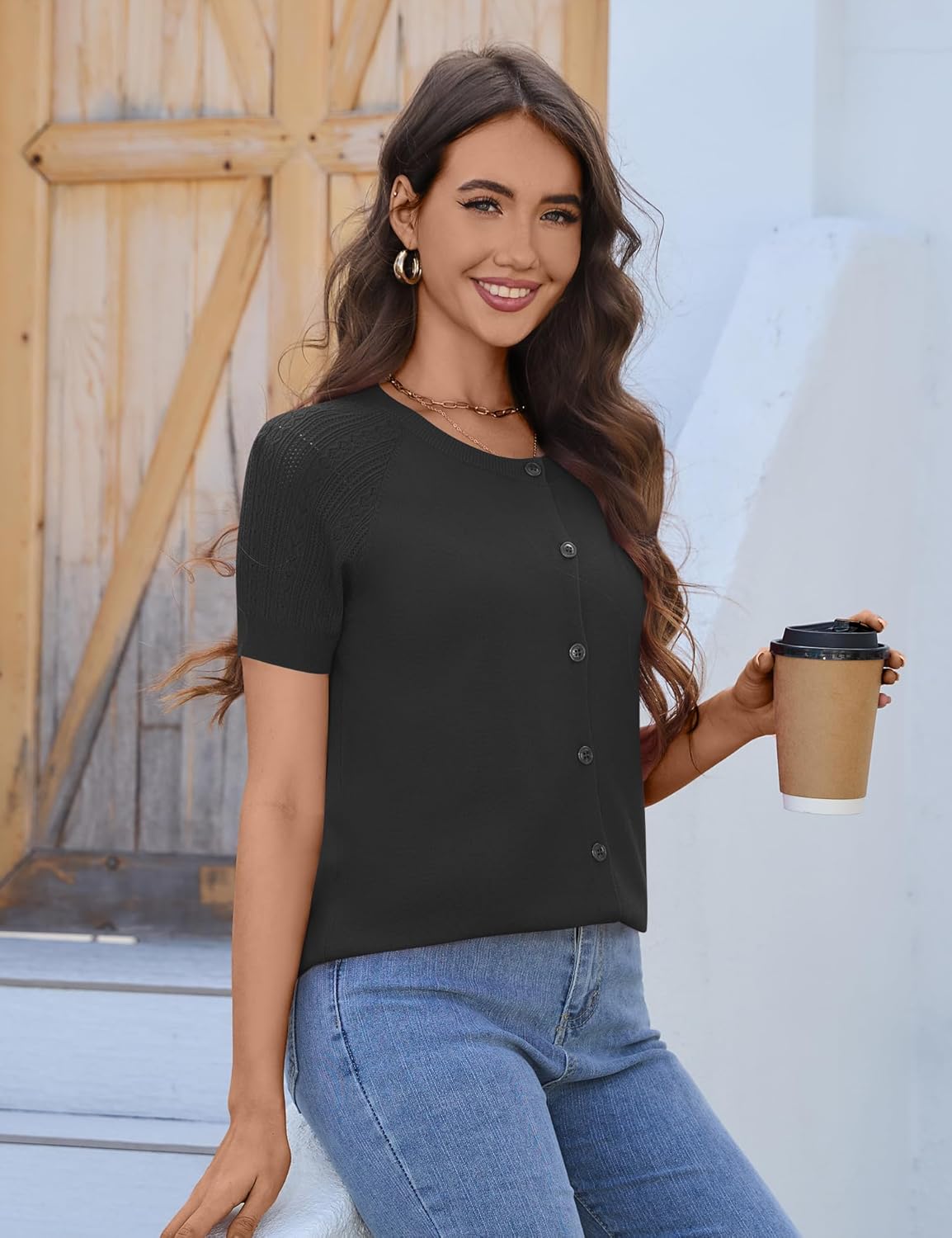 FreshNight Women's 2025 Short Sleeve Cardigan Button Up Hollowed Out Crewneck Shrug Sweaters Knit Sweater Tops Lightweight - Image 4