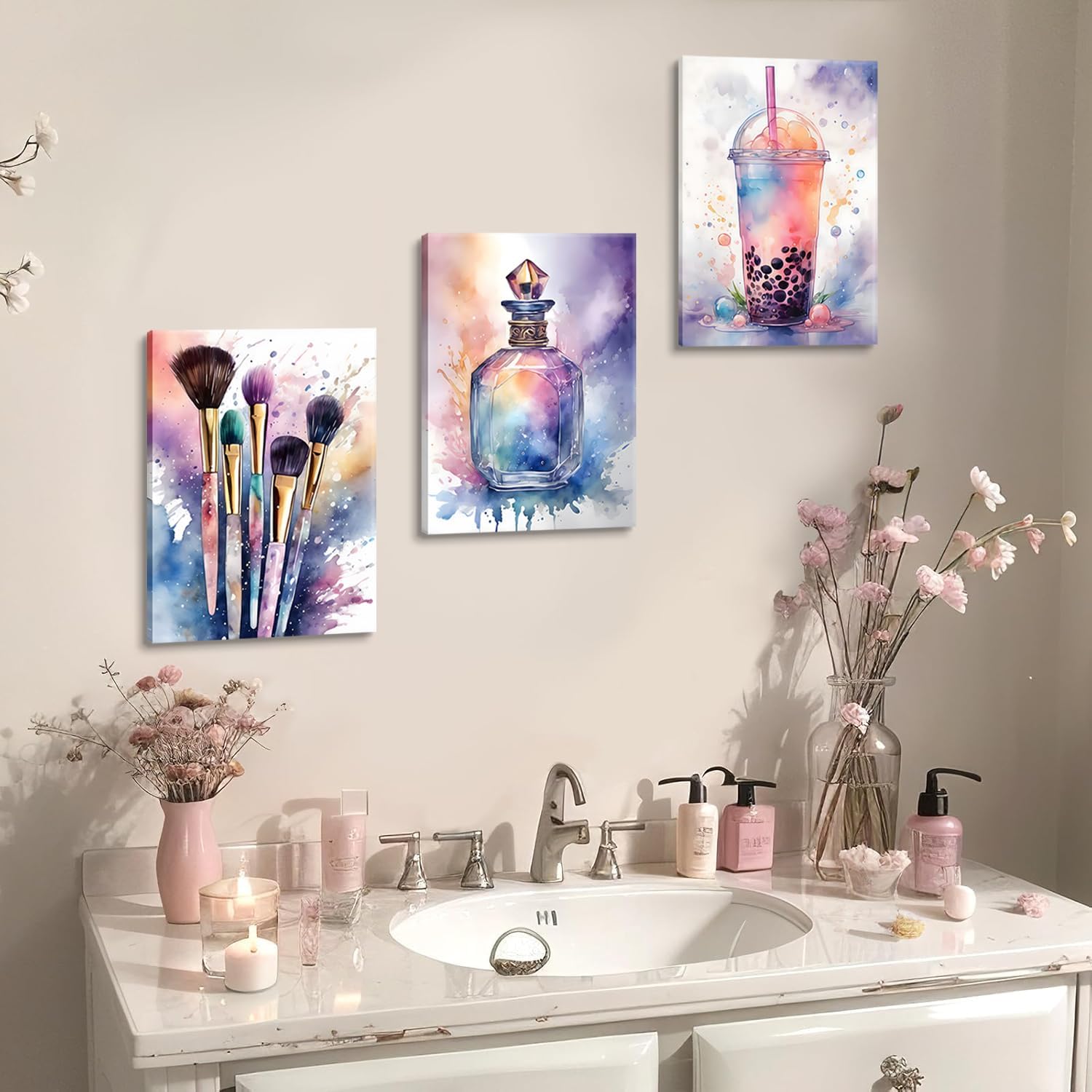 3Pcs Teen Girls Bedroom Wall Art S Colorful Fashion Makeup Brush Perfume Pictures Wall Decor Paintings, Watercolor Drink Prints Aesthetic Canvas Home Decor for Living Room Dorm 12x16 in Wrapped Canvas
