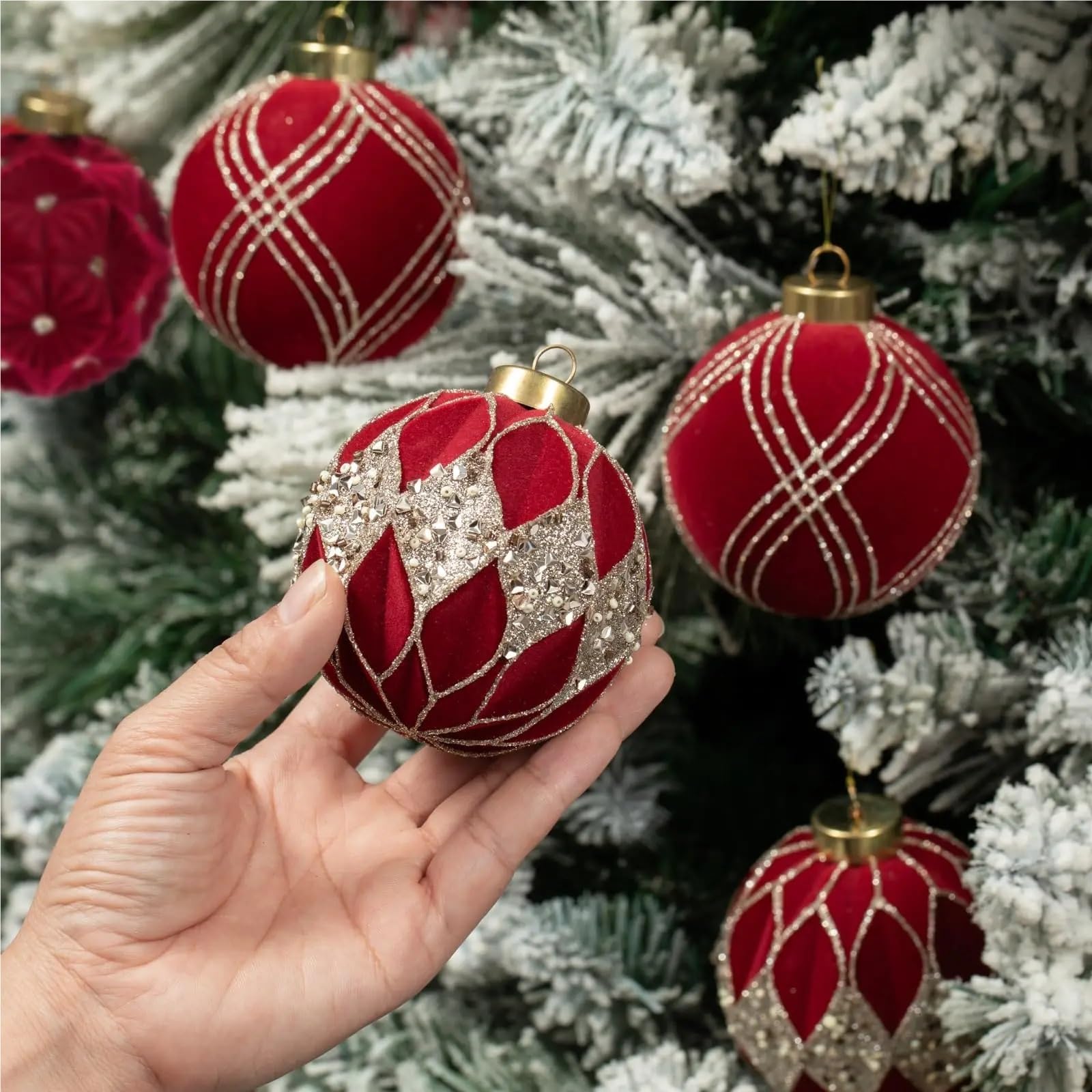 Boule de Noel Decoration Lot de 12 Boules de Noël en Velours floquées Vertes incassables, décoration d'arbre de 80 mm, Boule Suspendue for fête et Mariage(Style-5)