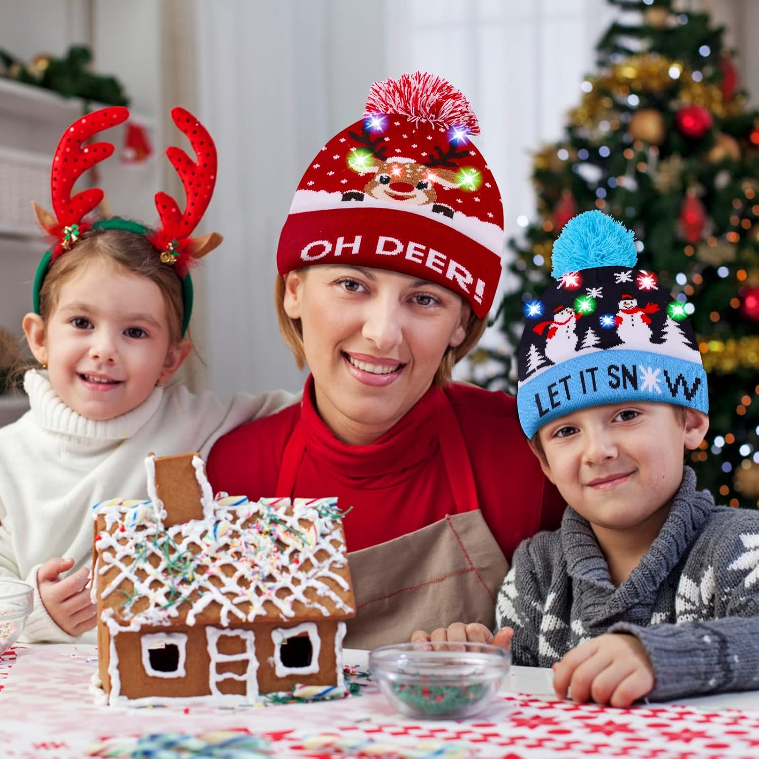 MGparty 4 Pack Christmas Hats LED Light Up Beanie Knit Hats Holiday Winter Snow Caps for Adults Kids - Image 4