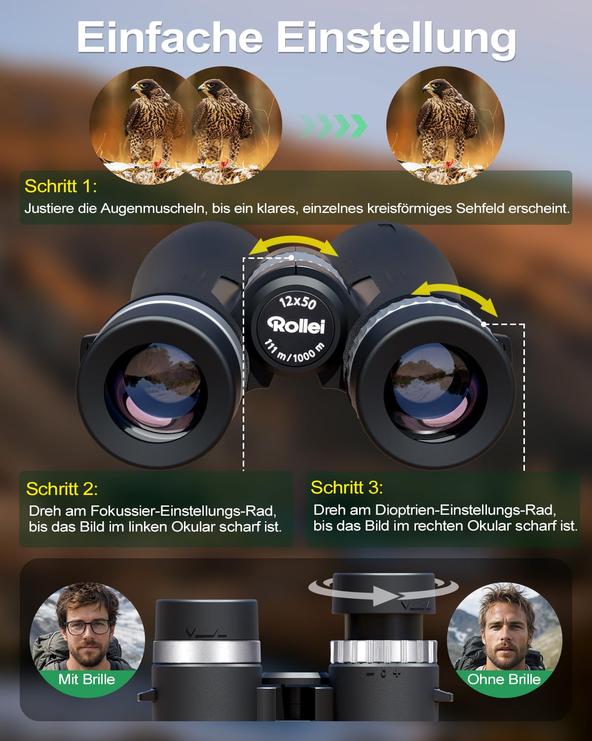 Rollei Fernglas 12x50 Pro Binoculars für Erwachsene mit 12X Vergrößerung