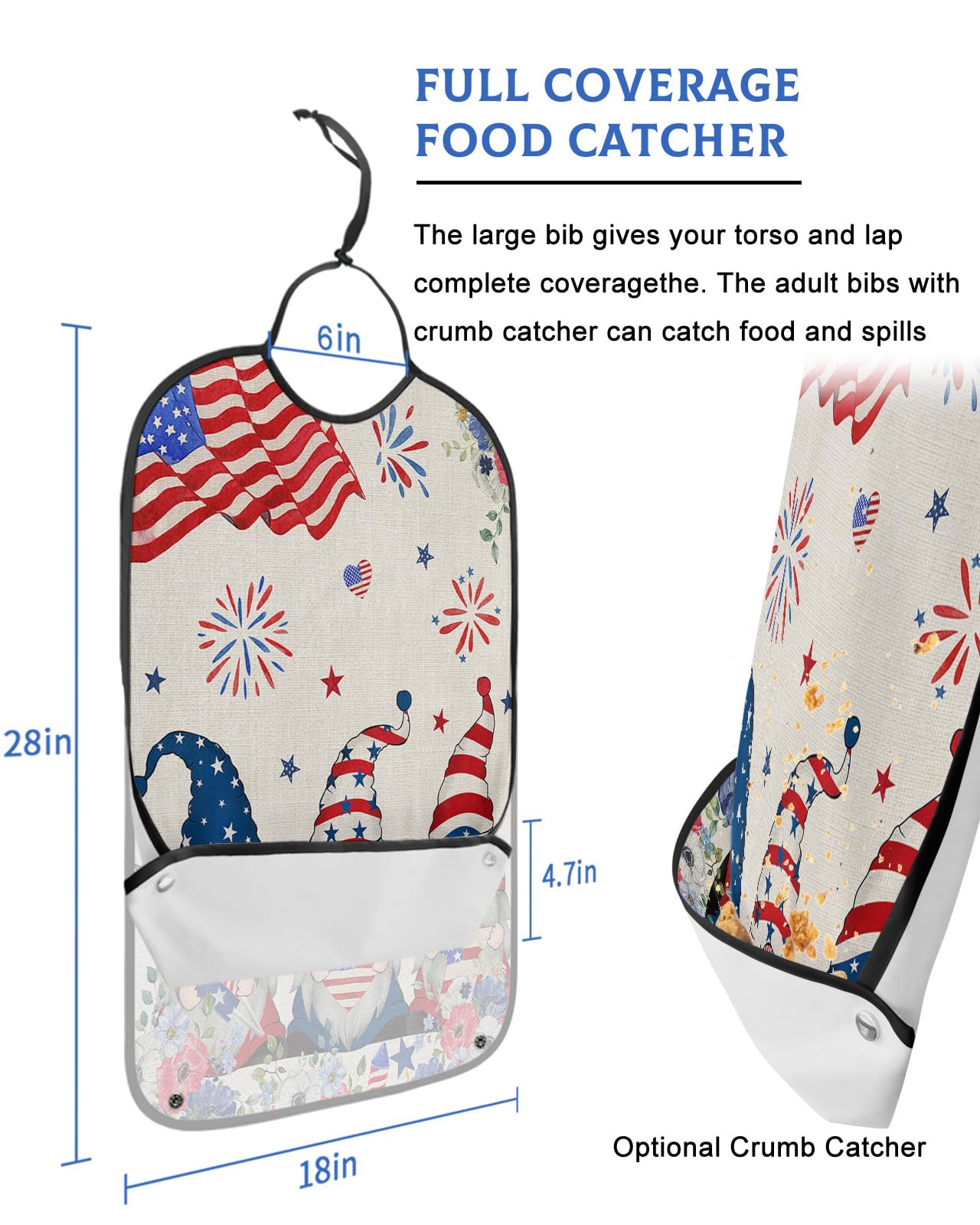 Flower Gnomes Adult Bib for Eating with Crumb Catcher,Washable & Waterproof Terry Cloth Adjustable Elderly Women Men Adult Bibs Funny Apron Reusable Clothing Protector Summer Independence Day Red Blue