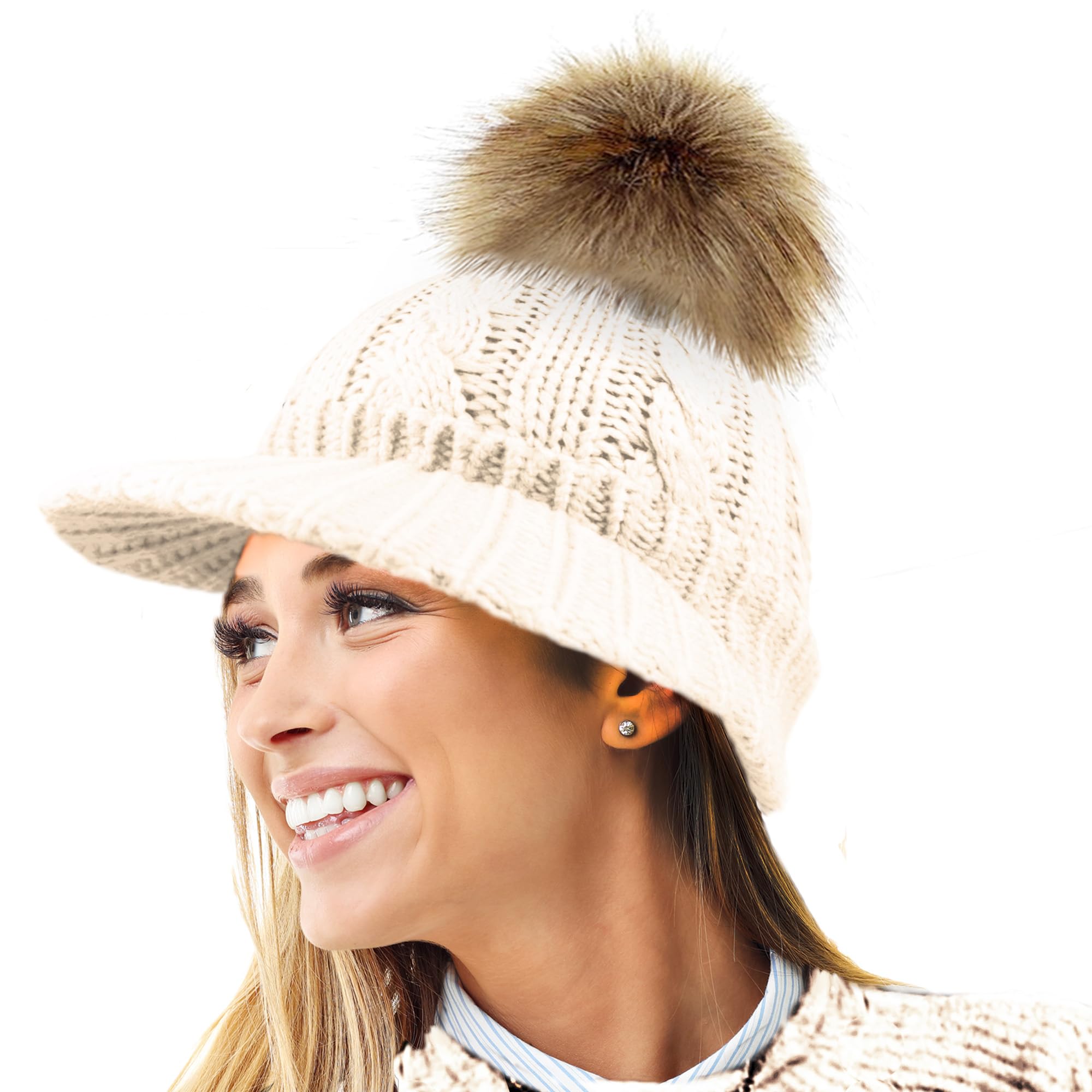 Rockjock Women's Cream Cable Warm Fleece Lined Knitted Peaked Beanie Baseball Cap With Detachable Faux Fur Pompom- Wear With Or Without