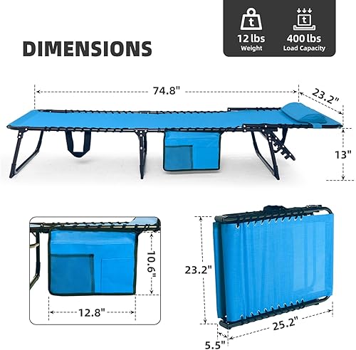 Miniatura 3 de Juego de 2 tumbonas plegables Resistente capacidad de 400 libras reclinables portátiles ajustables con almohada para patio, piscina, campamento,